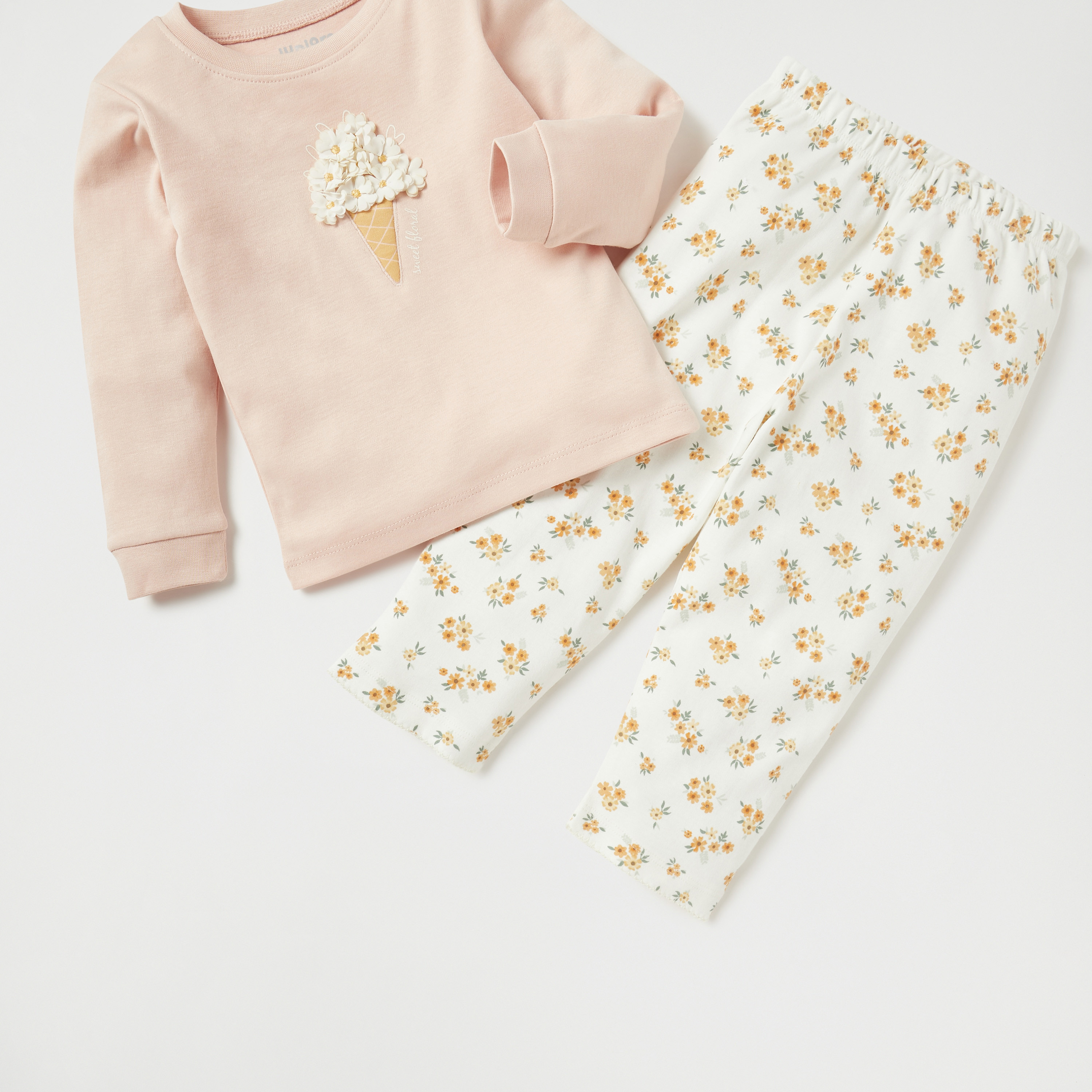 Juniors Floral Applique Cotton T-shirt and Printed Pyjama Set-baby-girls-clothing-nightwear-pyjamasets-image-5
