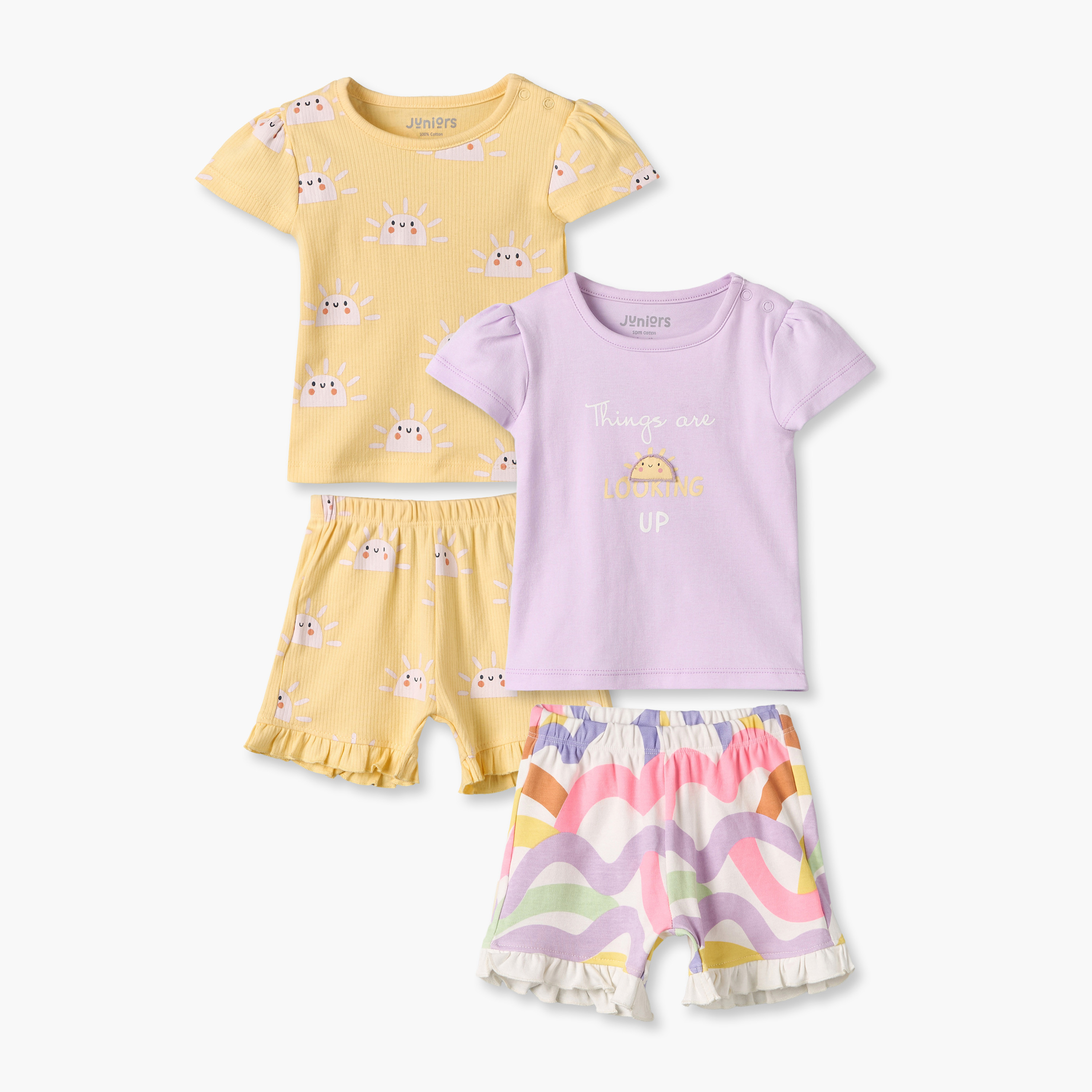 Pack of 2 Juniors Crew Neck Short Sleeves T-shirt with Shorts Set with Fun Print-baby-girls-clothing-setsandcoords-image-1