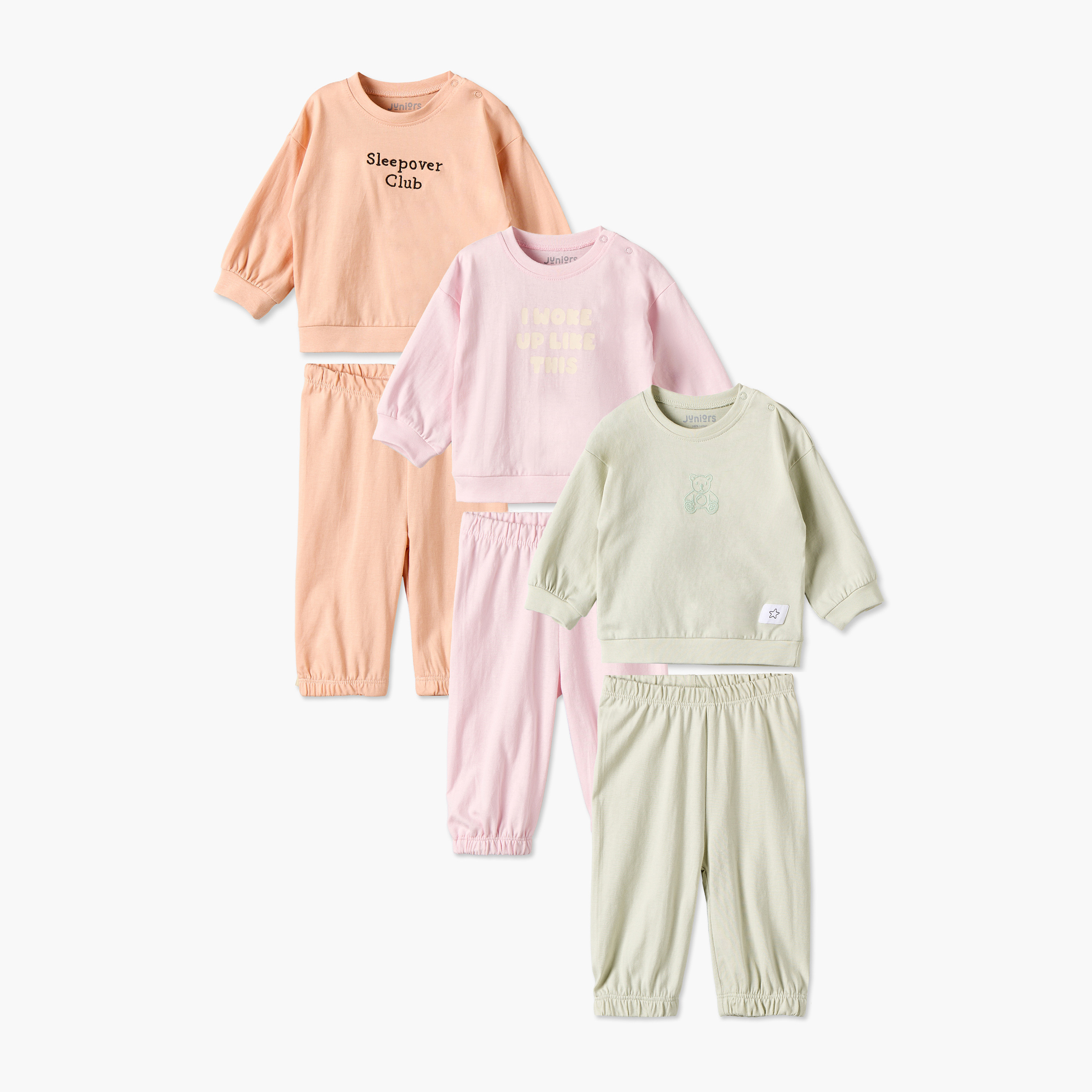 Pack of 3 Juniors Cotton Crew Neck Long Sleeves Pyjama Set with Snap Button Closure-baby-girls-clothing-nightwear-pyjamasets-image-1
