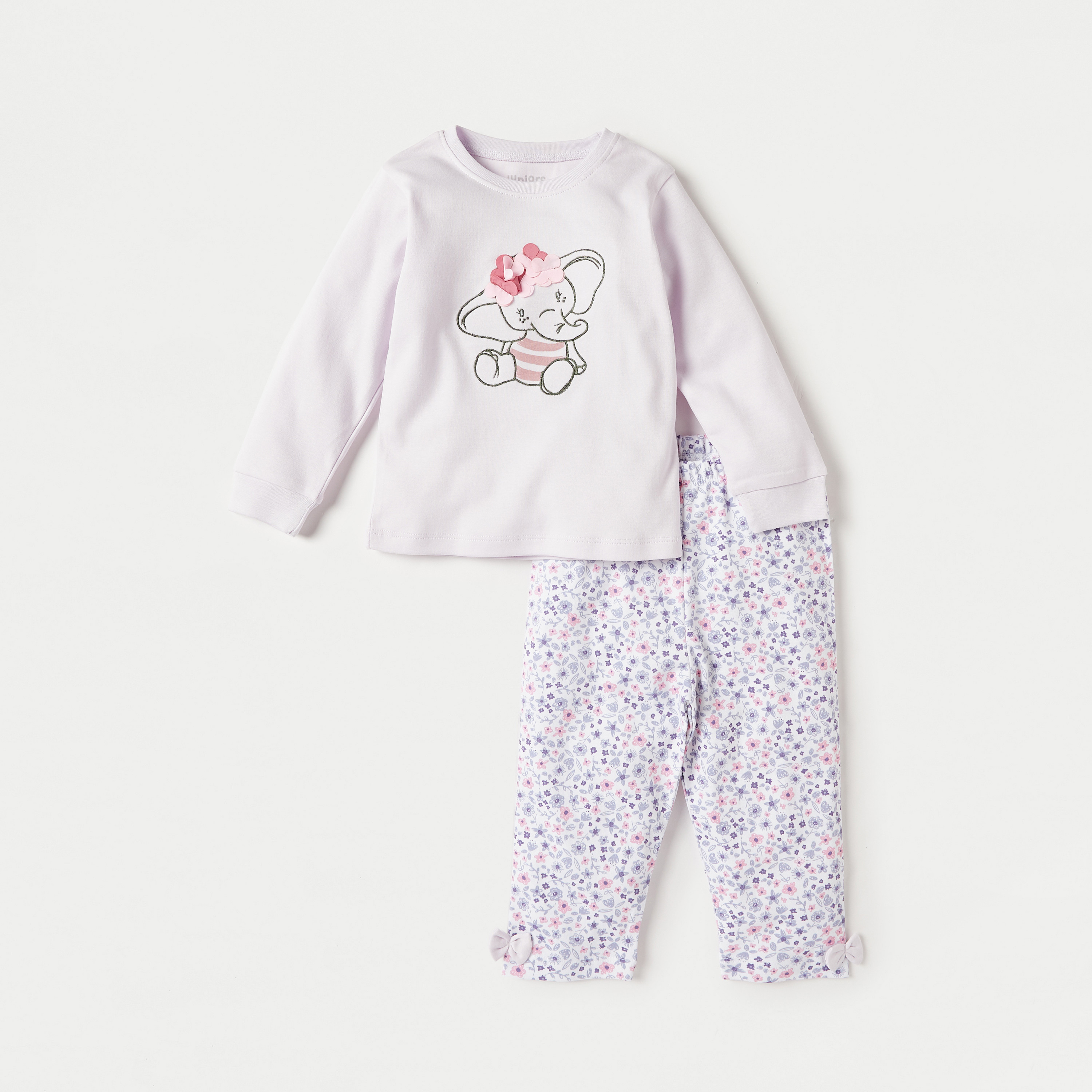 Juniors Printed Applique Detail Long Sleeves T-shirt and Elasticated Pyjama Set-baby-girls-clothing-nightwear-pyjamasets-image-1