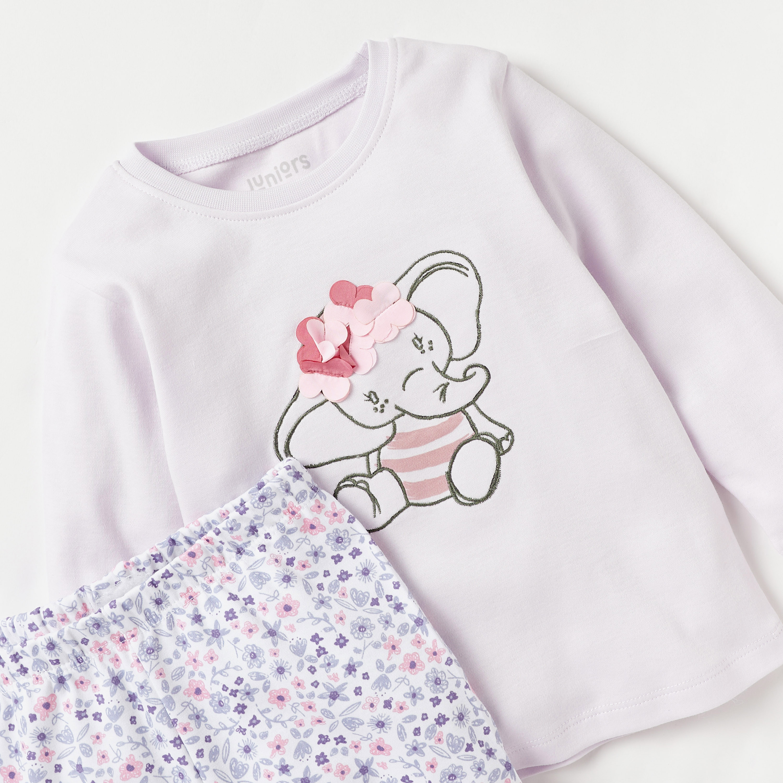 Juniors Printed Applique Detail Long Sleeves T-shirt and Elasticated Pyjama Set-baby-girls-clothing-nightwear-pyjamasets-image-4