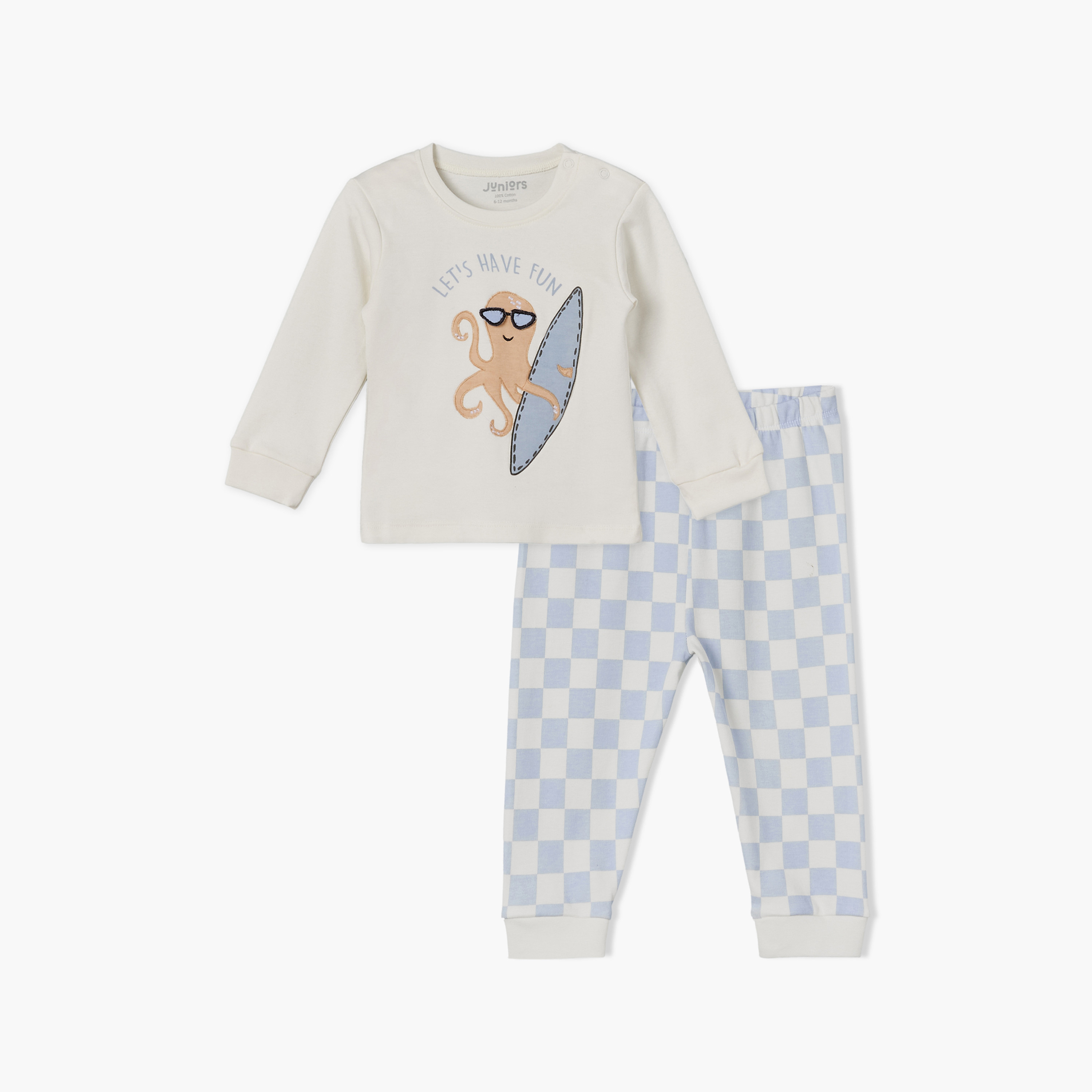 طقم بيجاما قطنية بياقة مستديرة وأكمام طويلة مع زخارف أخطبوط من جونيورز-baby-boys-clothing-nightwear-pyjamasets-image-1