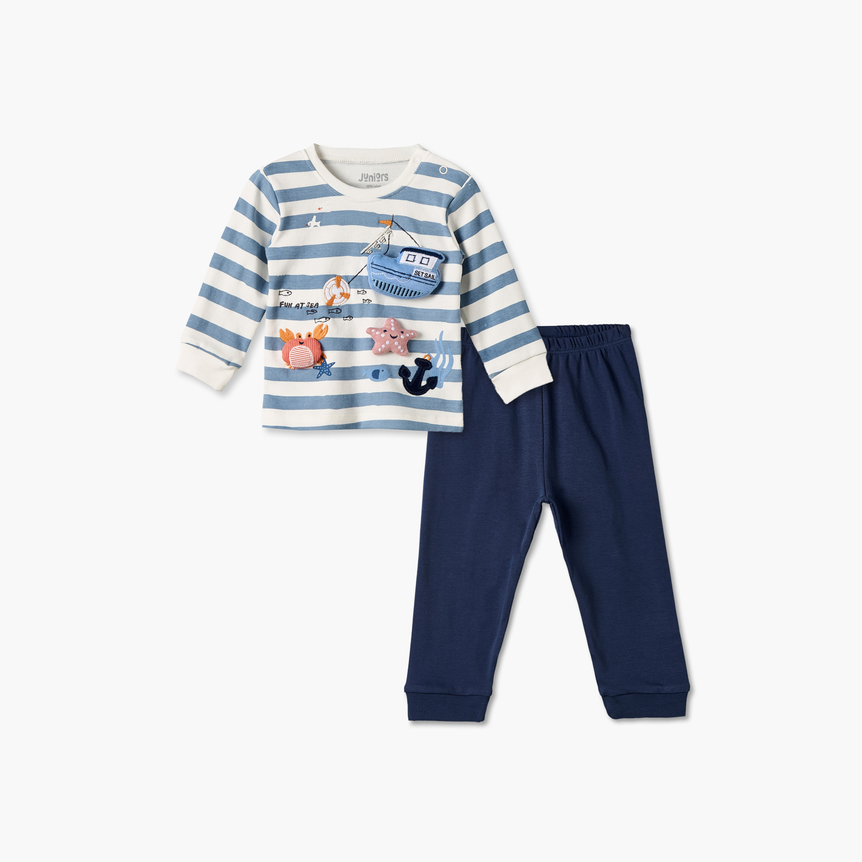 طقم بيجاما قطن بياقة ضيقة وأكمام طويلة بزخارف بحرية من جونيورز-baby-boys-clothing-nightwear-pyjamasets-image-2
