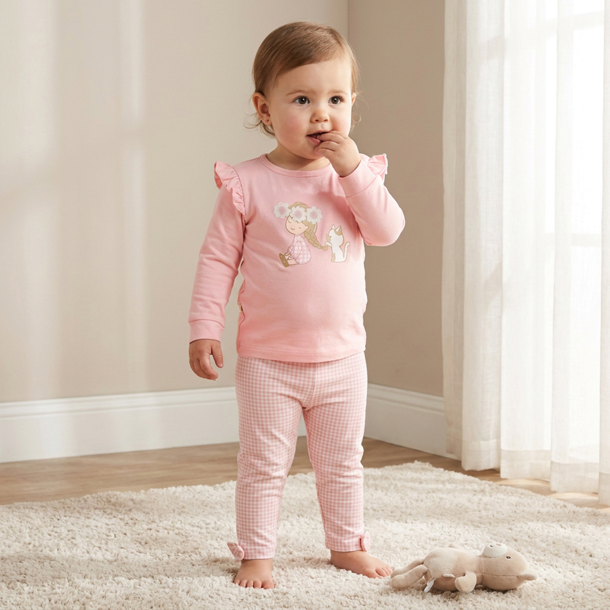 طقم بيجاما قطن برقبة ضيقة وأكمام طويلة وتطريزات من جونيورز-baby-girls-clothing-nightwear-pyjamasets-image-1