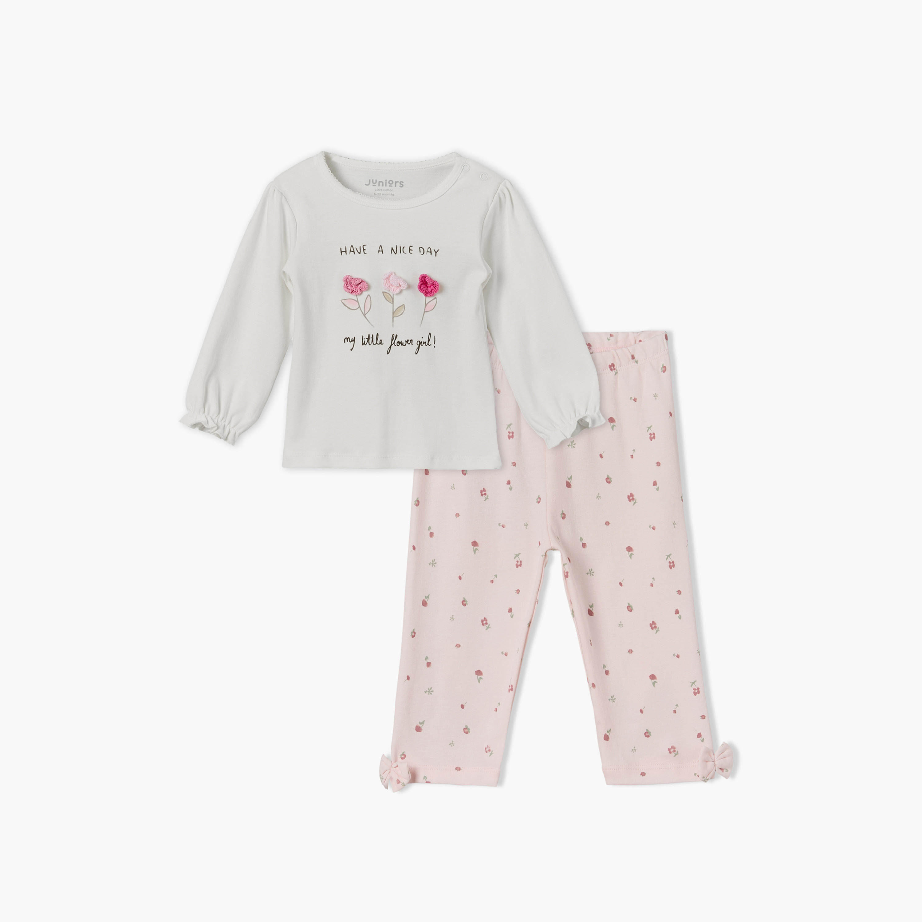 Juniors Cotton Crew Neck Long Sleeves Pyjama Set with Floral Print-baby-girls-clothing-nightwear-pyjamasets-image-1