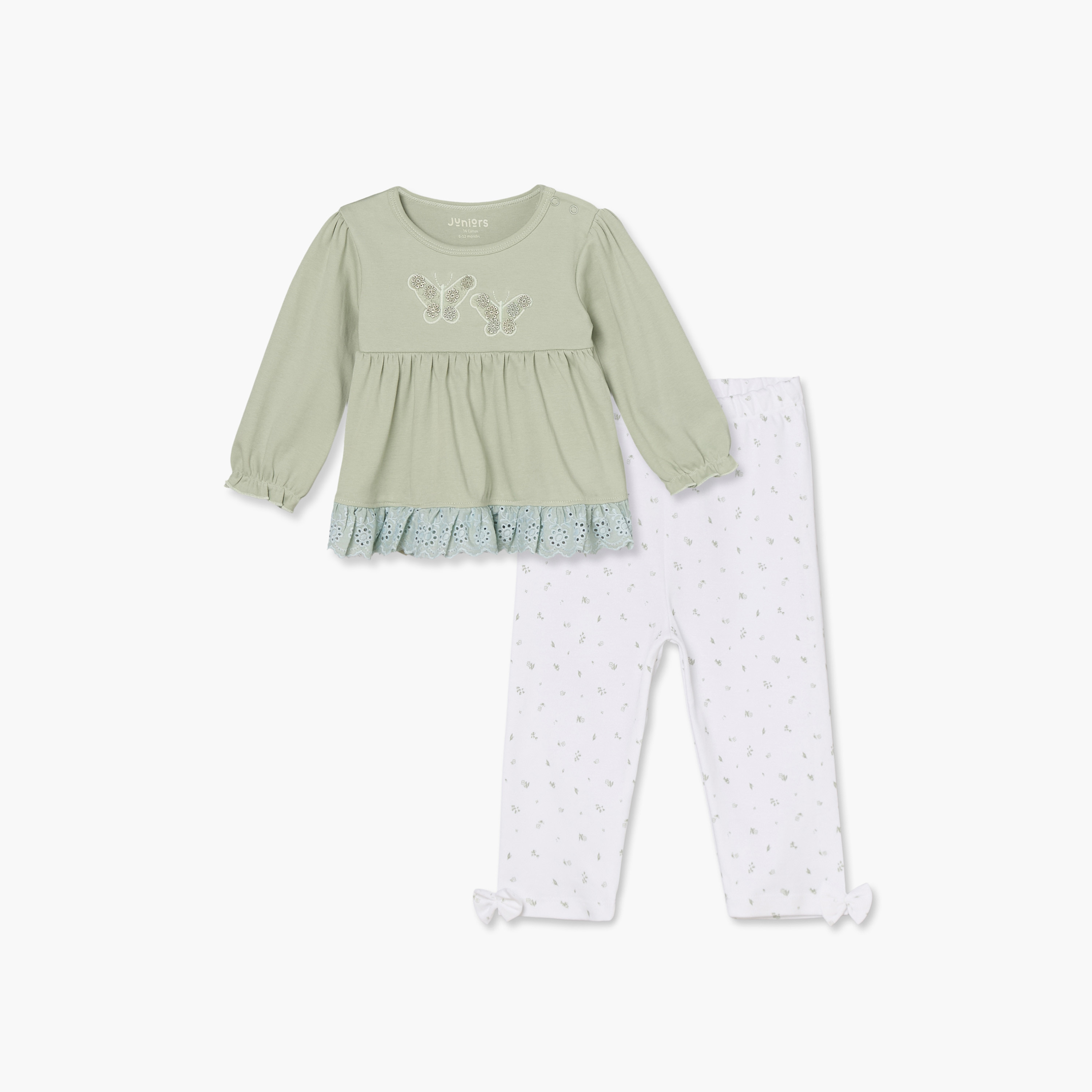 طقم بيجاما قطن برقبة ضيقة وأكمام طويلة وتطريز فراشات من جونيورز-baby-girls-clothing-nightwear-pyjamasets-image-2