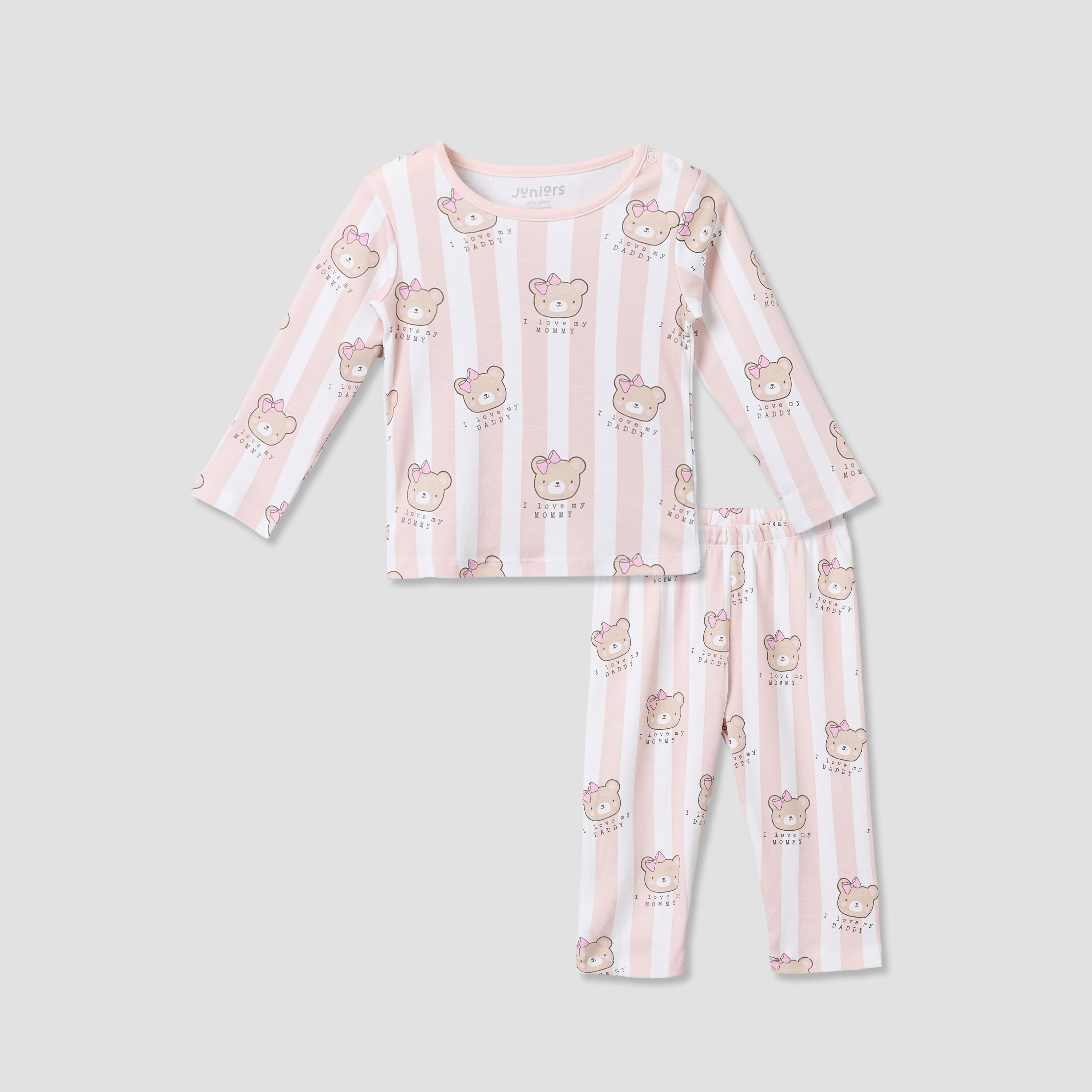 Juniors Cotton Crew Neck Long Sleeves Pyjama Set with Bear Print-baby-girls-clothing-nightwear-pyjamasets-image-1