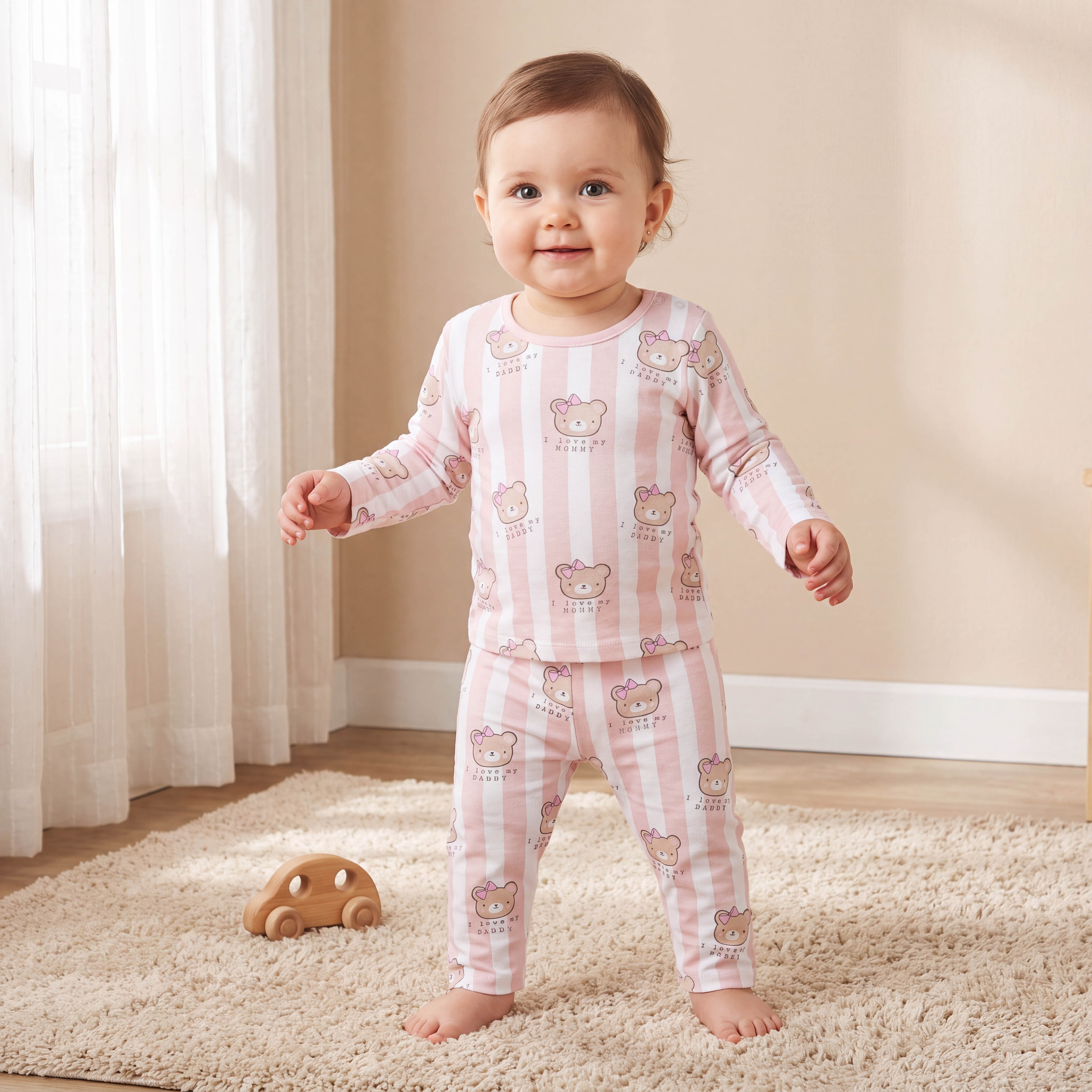 طقم بيجاما قطن بياقة ضيقة وأكمام قصيرة وطبعات دب من جونيورز-baby-girls-clothing-nightwear-pyjamasets-image-1