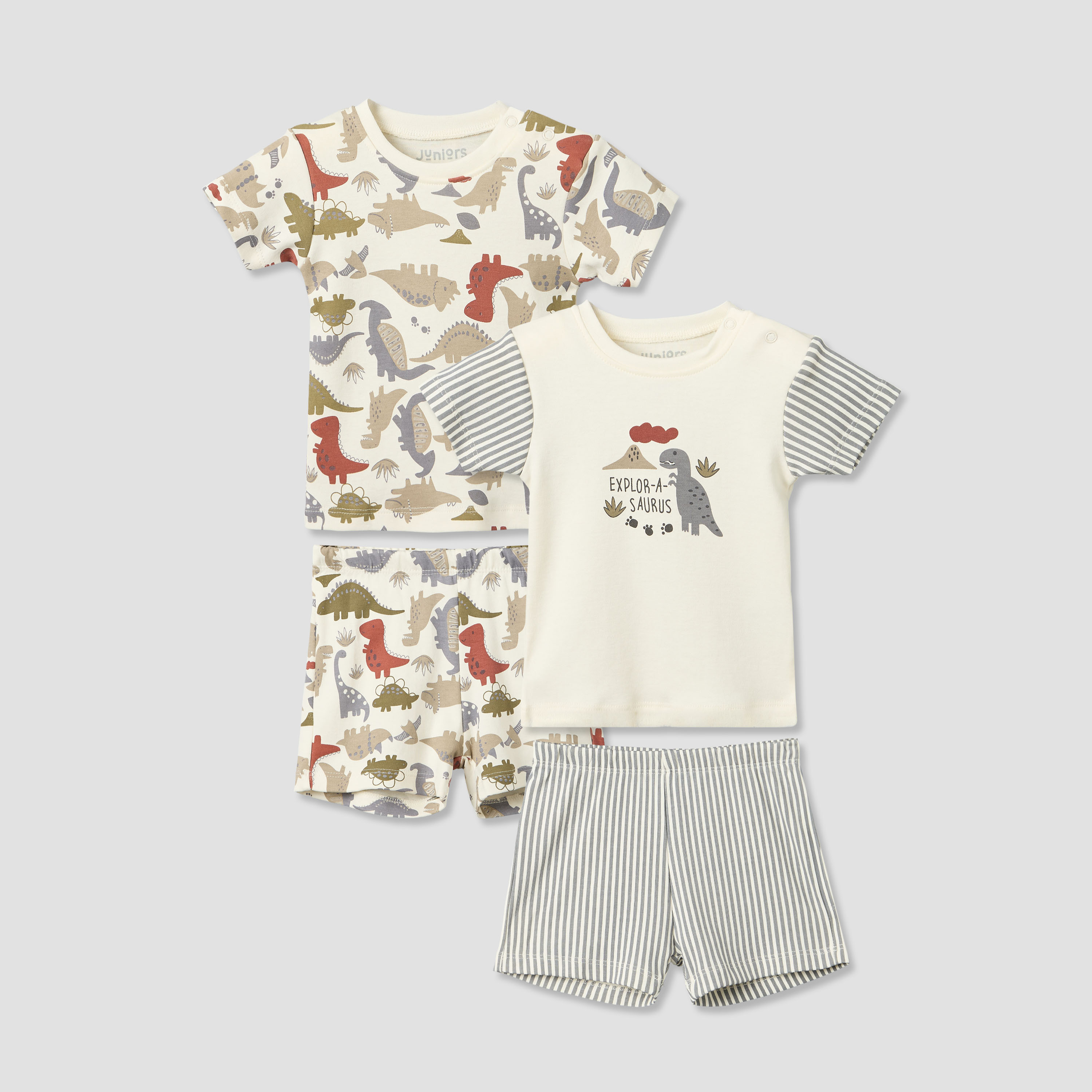 Pack of 2 Juniors Round Neck Short Sleeves T-shirt and Shorts Set with Dinosaur Print-baby-boys-clothing-setsandcoords-image-1