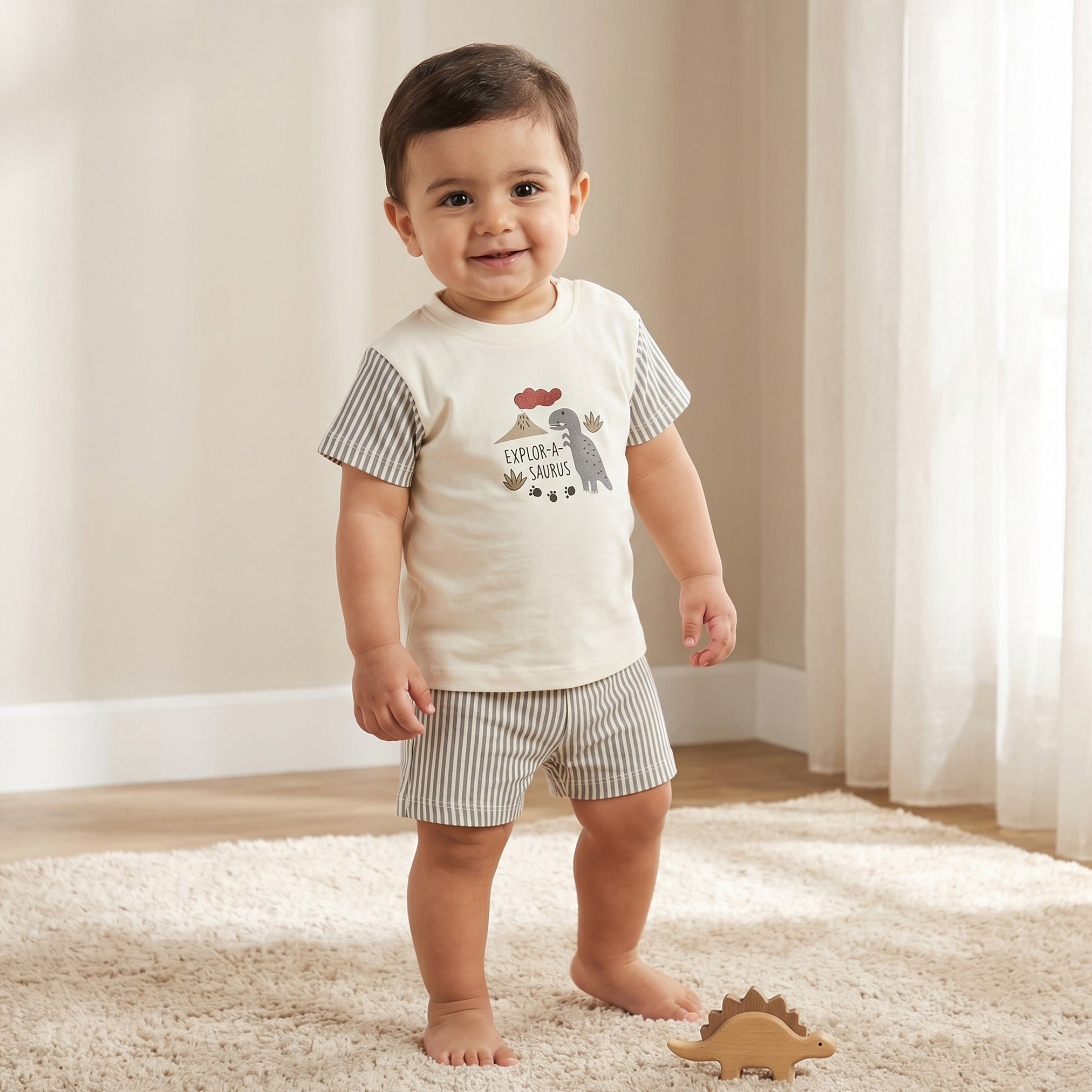 Pack of 2 Juniors Round Neck Short Sleeves T-shirt and Shorts Set with Dinosaur Print-baby-boys-clothing-setsandcoords-image-2