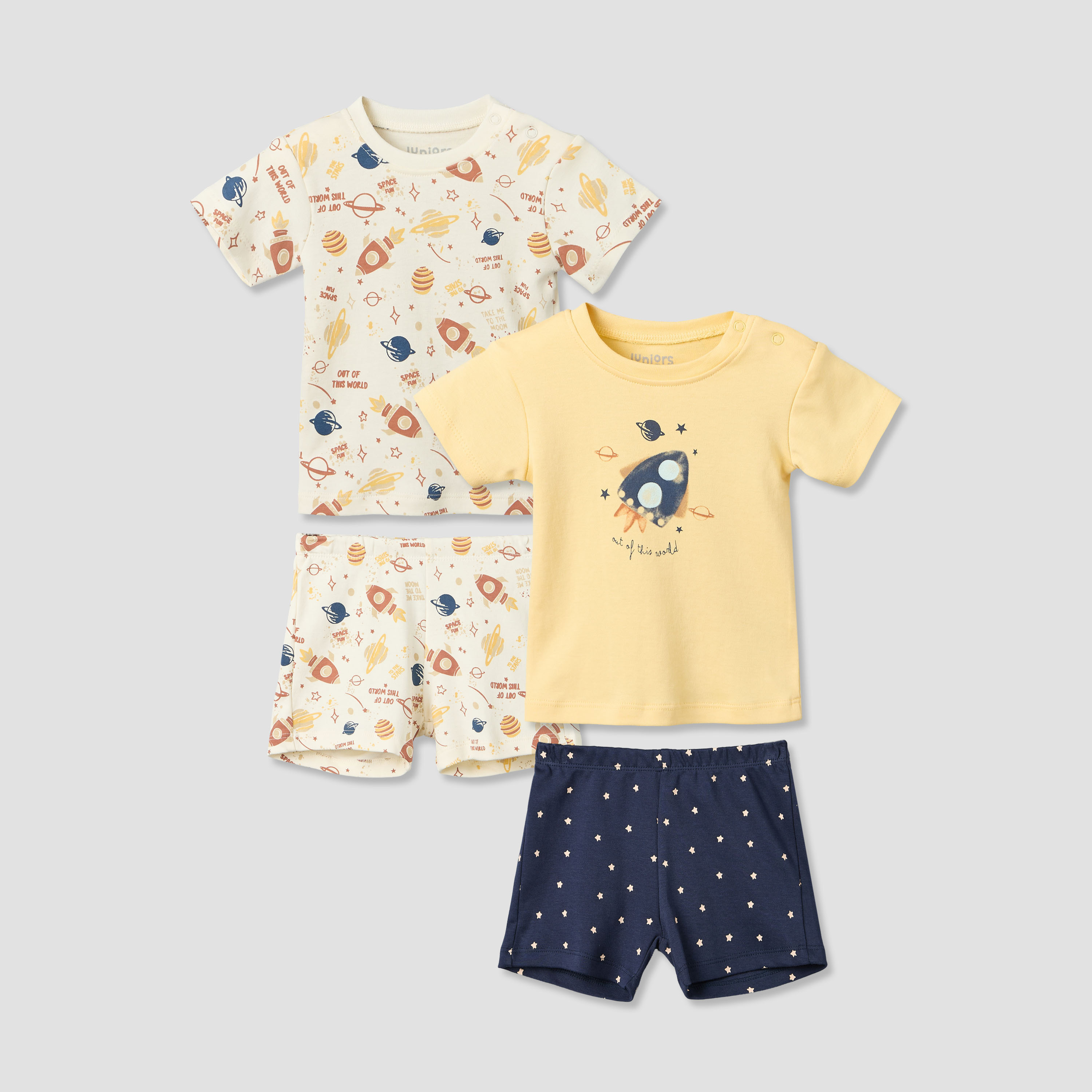 Pack of 2 Juniors Round Neck Short Sleeves T-shirt and Shorts Set with Space Print-baby-boys-clothing-setsandcoords-image-1