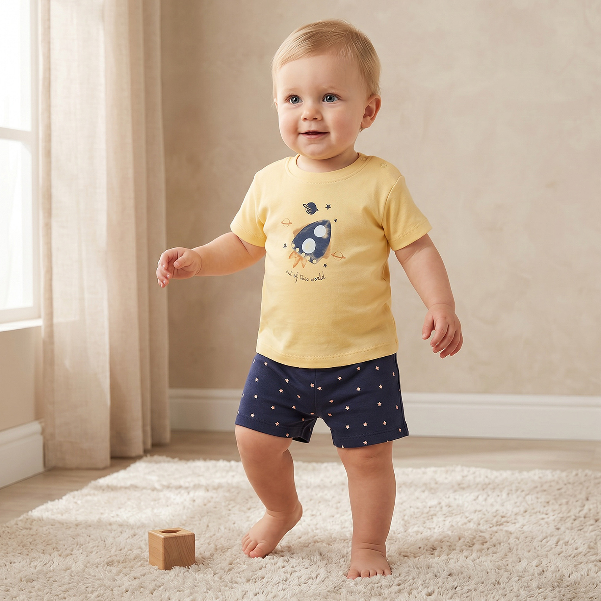 Pack of 2 Juniors Round Neck Short Sleeves T-shirt and Shorts Set with Space Print-baby-boys-clothing-setsandcoords-image-2