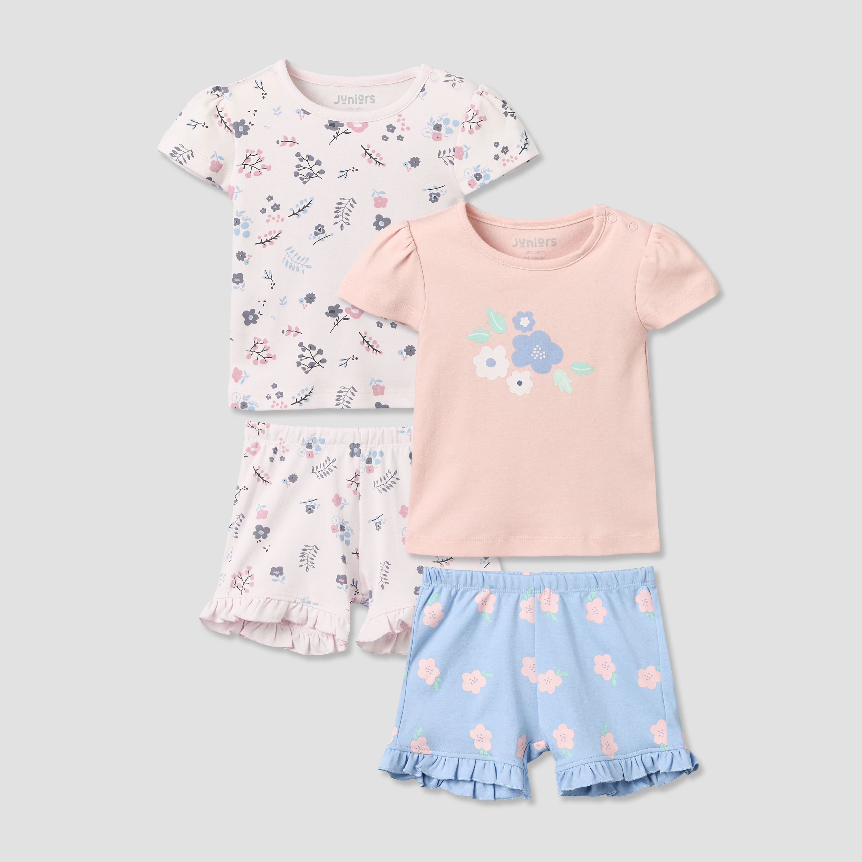 Pack of 2 Juniors Round Neck Short Sleeves T-shirt and Shorts Set with Floral Print-baby-girls-clothing-setsandcoords-image-1