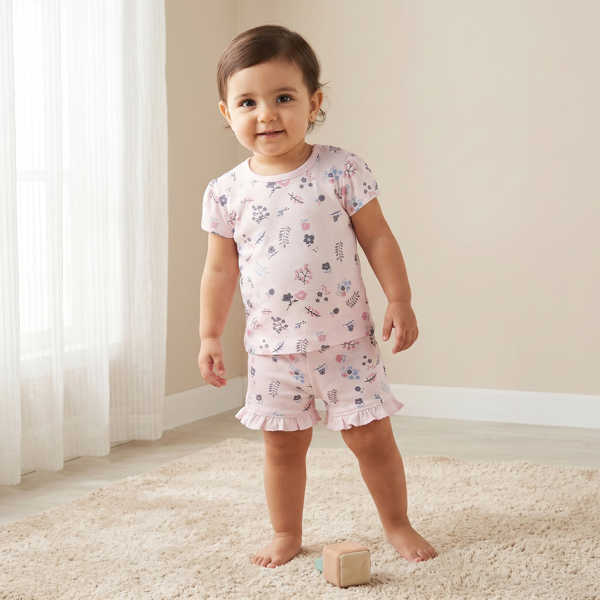 Pack of 2 Juniors Round Neck Short Sleeves T-shirt and Shorts Set with Floral Print-baby-girls-clothing-setsandcoords-image-2