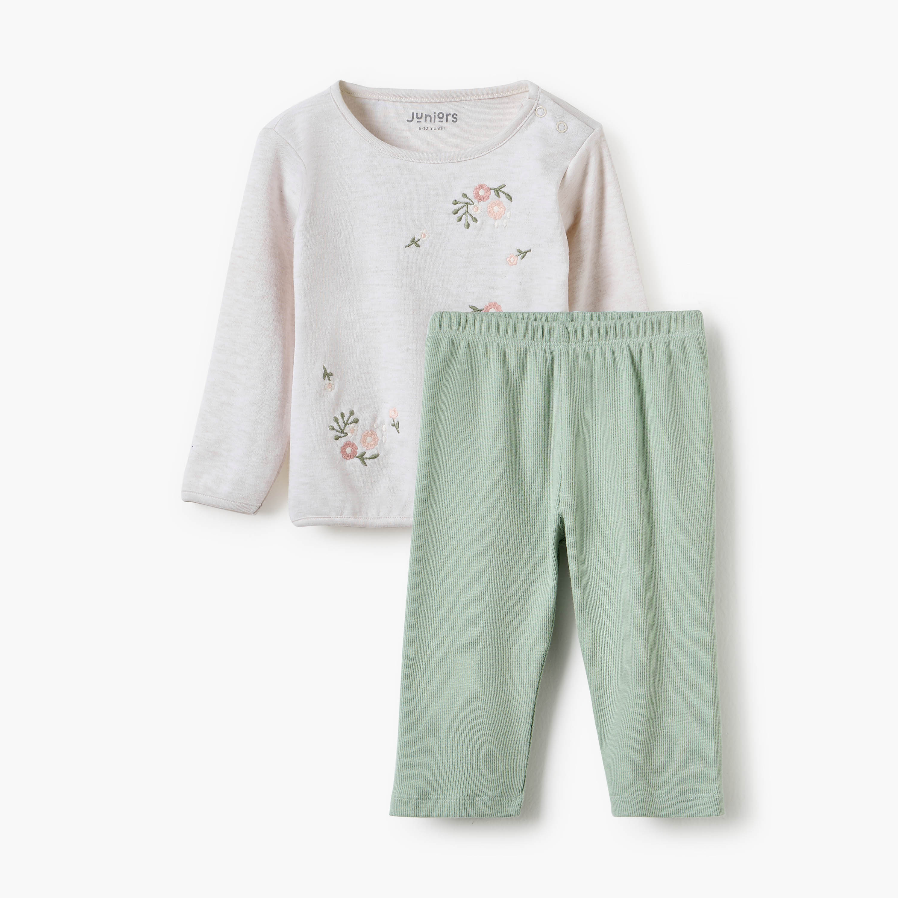 Juniors Floral Embroidered Top and Pyjama Set-baby-girls-clothing-nightwear-pyjamasets-image-1