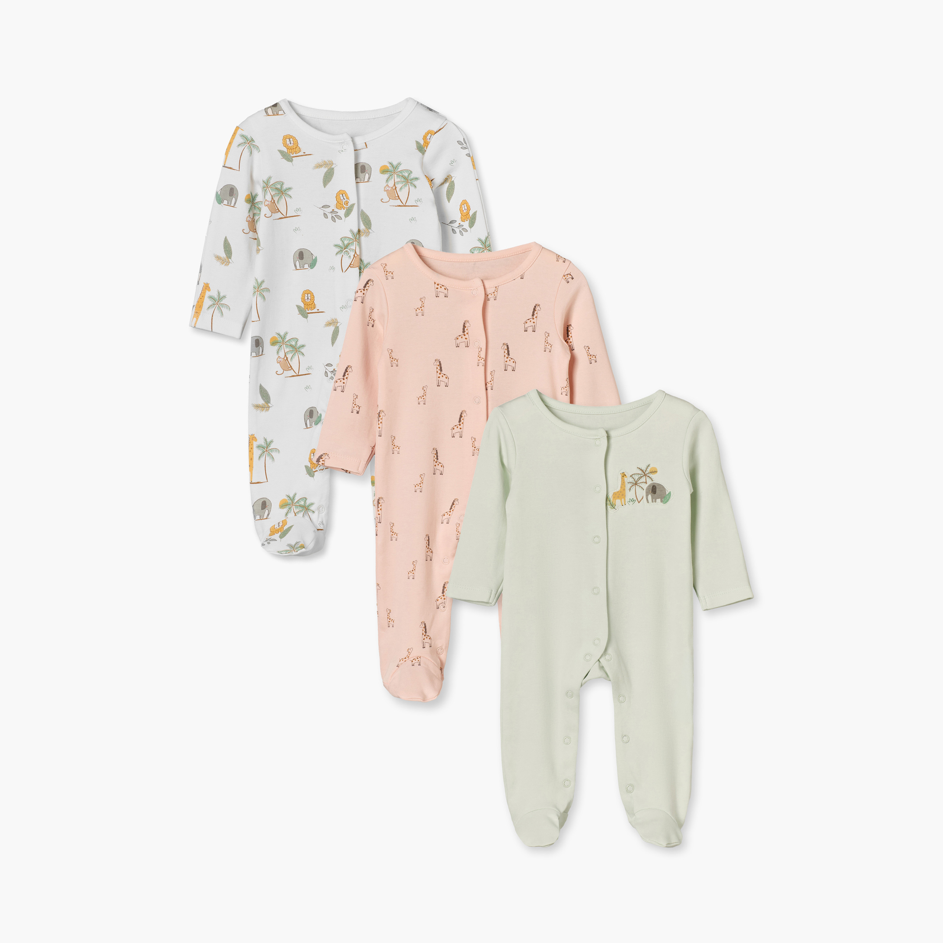 Pack of 3 Juniors Cotton Crew Neck Long Sleeves Sleepsuit with Safari Print-baby-girls-clothing-nightwear-sleepsuits-image-1