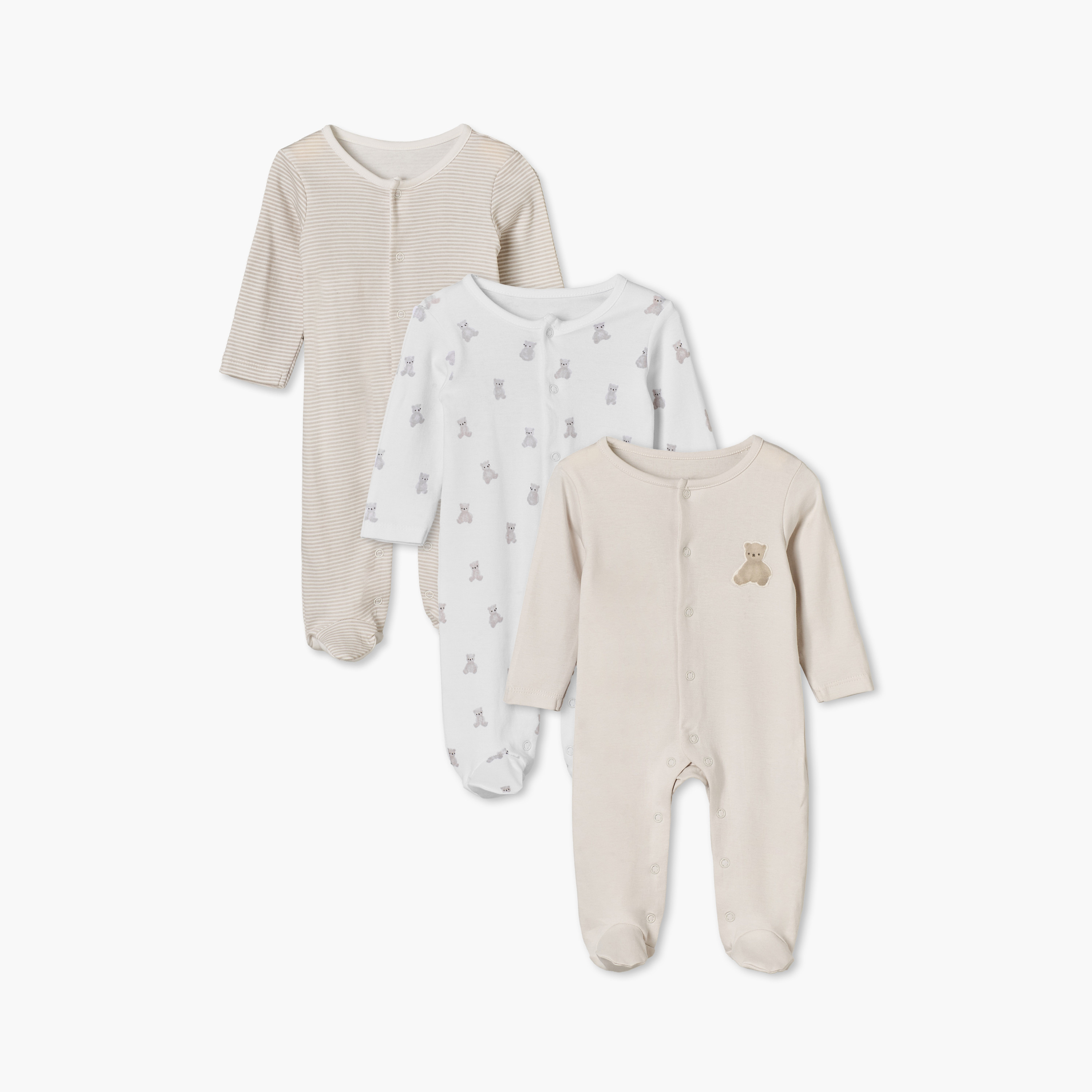 بدلة نوم قطن برقبة ضيقة وأكمام طويلة وطبعات من جونيورز - عبوة من 3 قطع-baby-girls-clothing-nightwear-sleepsuits-image-1