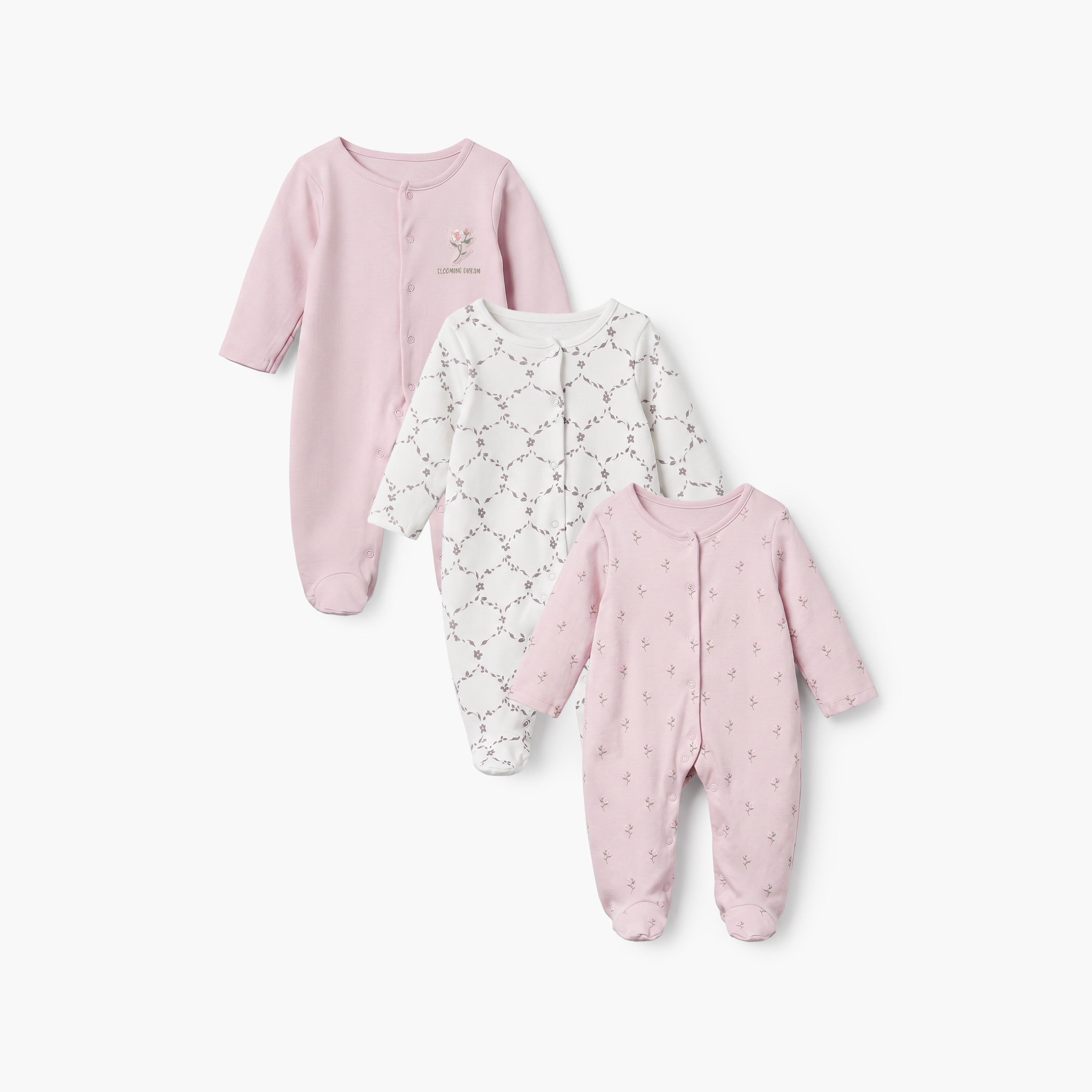 طقم بدلات نوم بياقة مستديرة وأكمام طويلة بطبعات زهور من جونيورز - 3 قطع-baby-girls-clothing-nightwear-sleepsuits-image-1