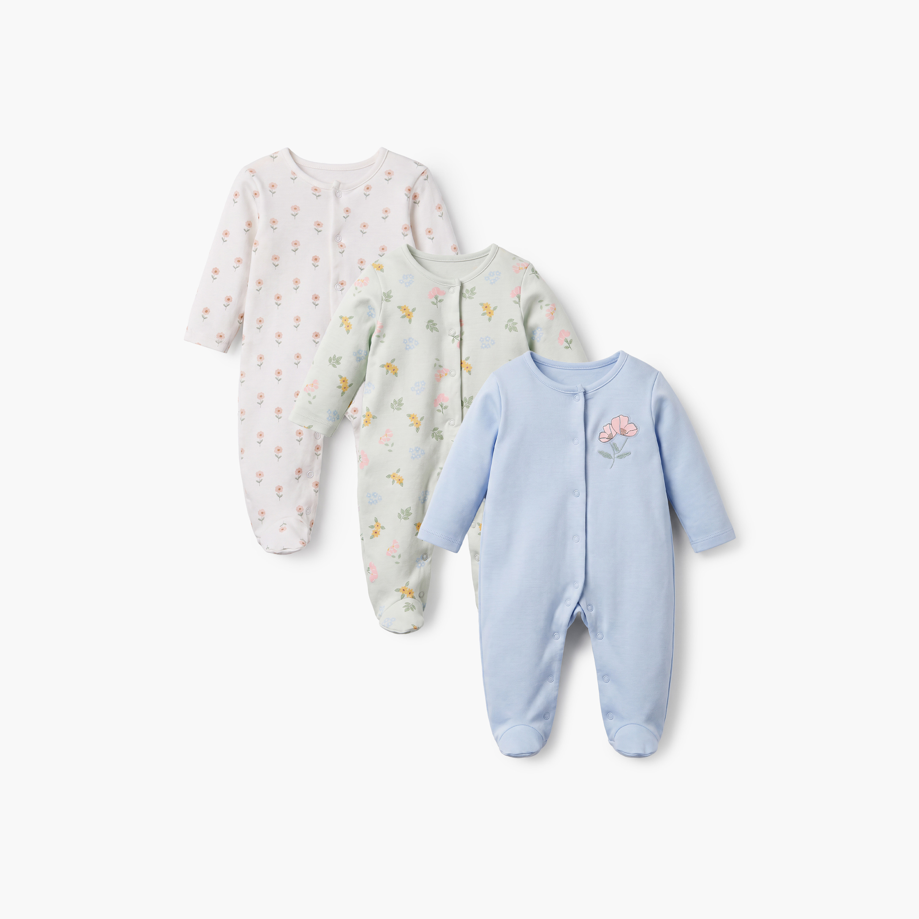 طقم من 3 - بدلة نوم بياقة مستديرة وأكمام طويلة وطبعات-baby-girls-clothing-nightwear-sleepsuits-image-1