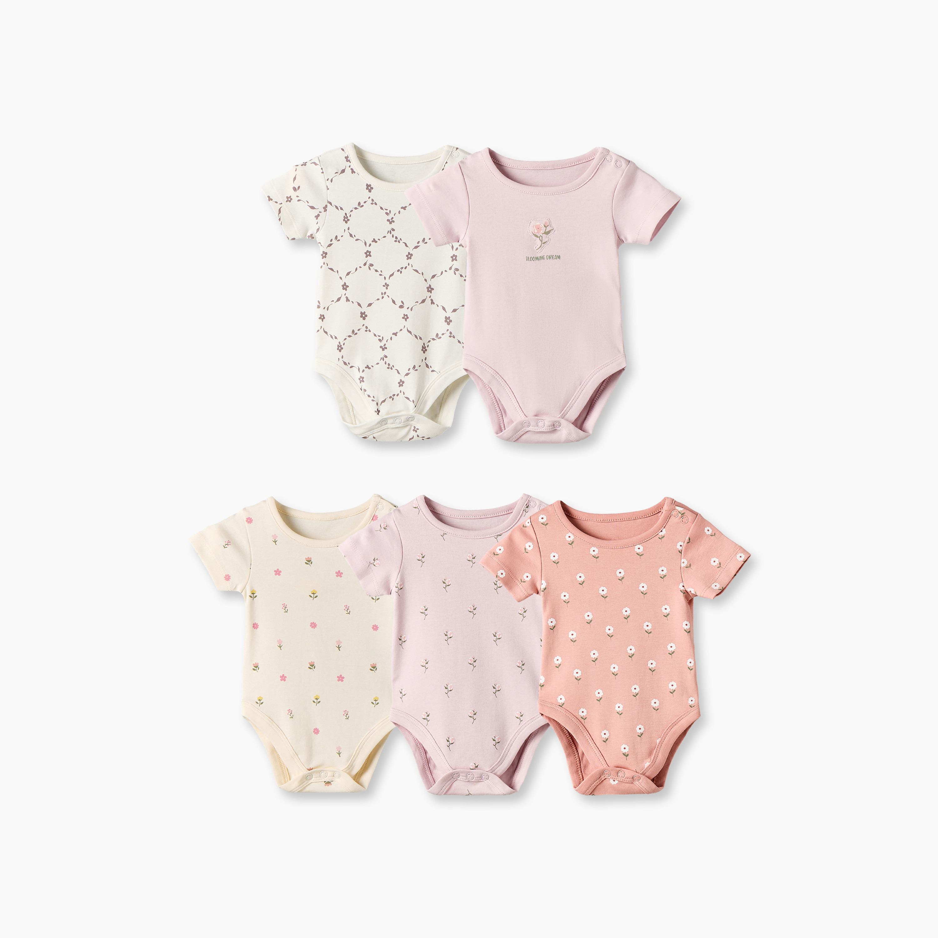 طقم بودي سوت بأكمام قصيرة وياقة مستديرة وطبعات زهرية من جونيورز - 5 قطع-baby-boys-clothing-bodysuits-image-1