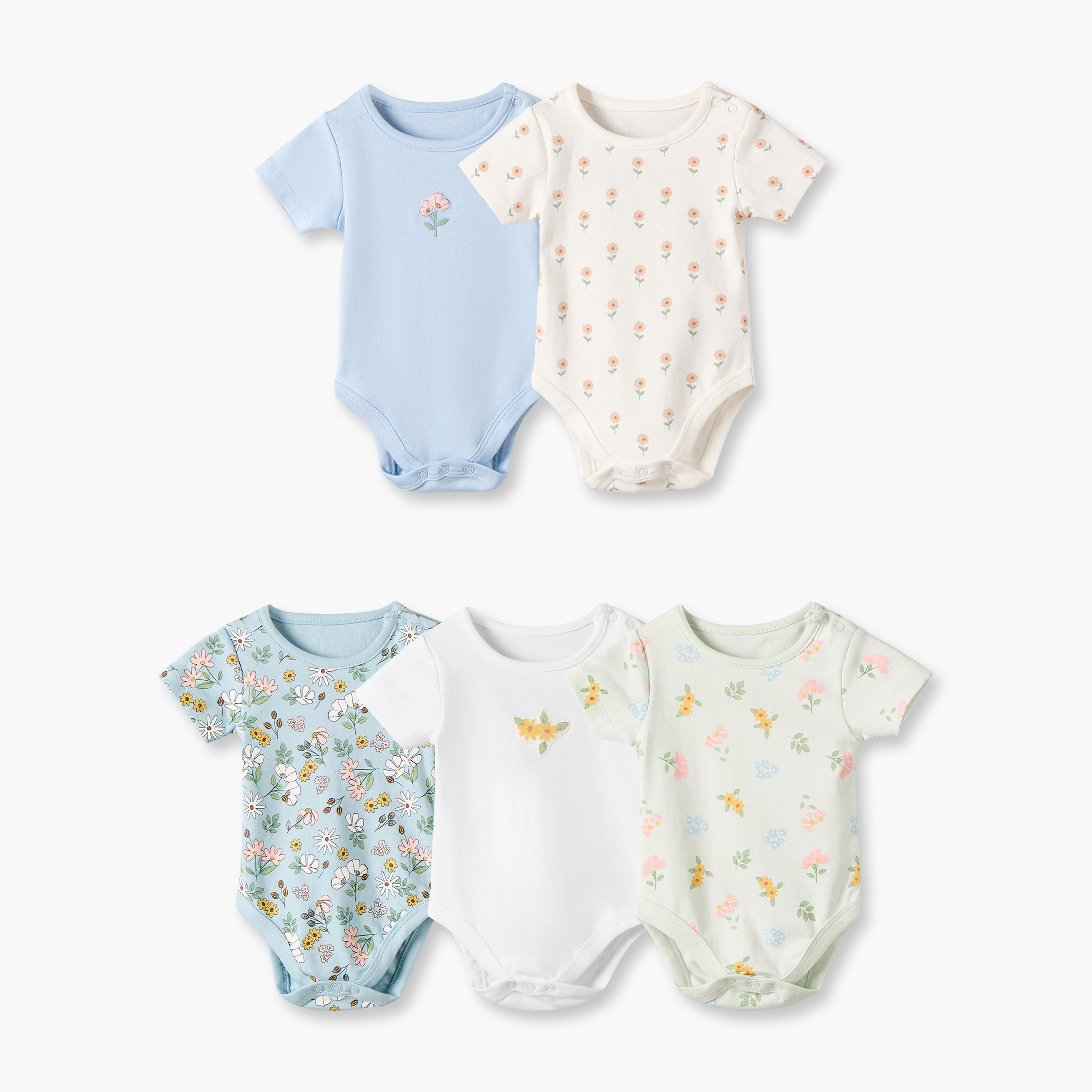 بودي سوت بطبعات أزهار وياقة ضيقة وأكمام قصيرة من جونيورز - عبوة 5 قطع-baby-girls-clothing-bodysuits-image-1