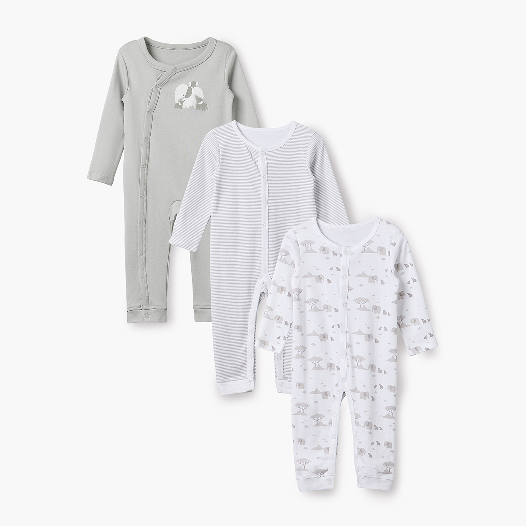 Pack of 3 Juniors Cotton Crew Neck Long Sleeves Sleepsuit with Elephant Print-baby-girls-clothing-nightwear-sleepsuits-image-1