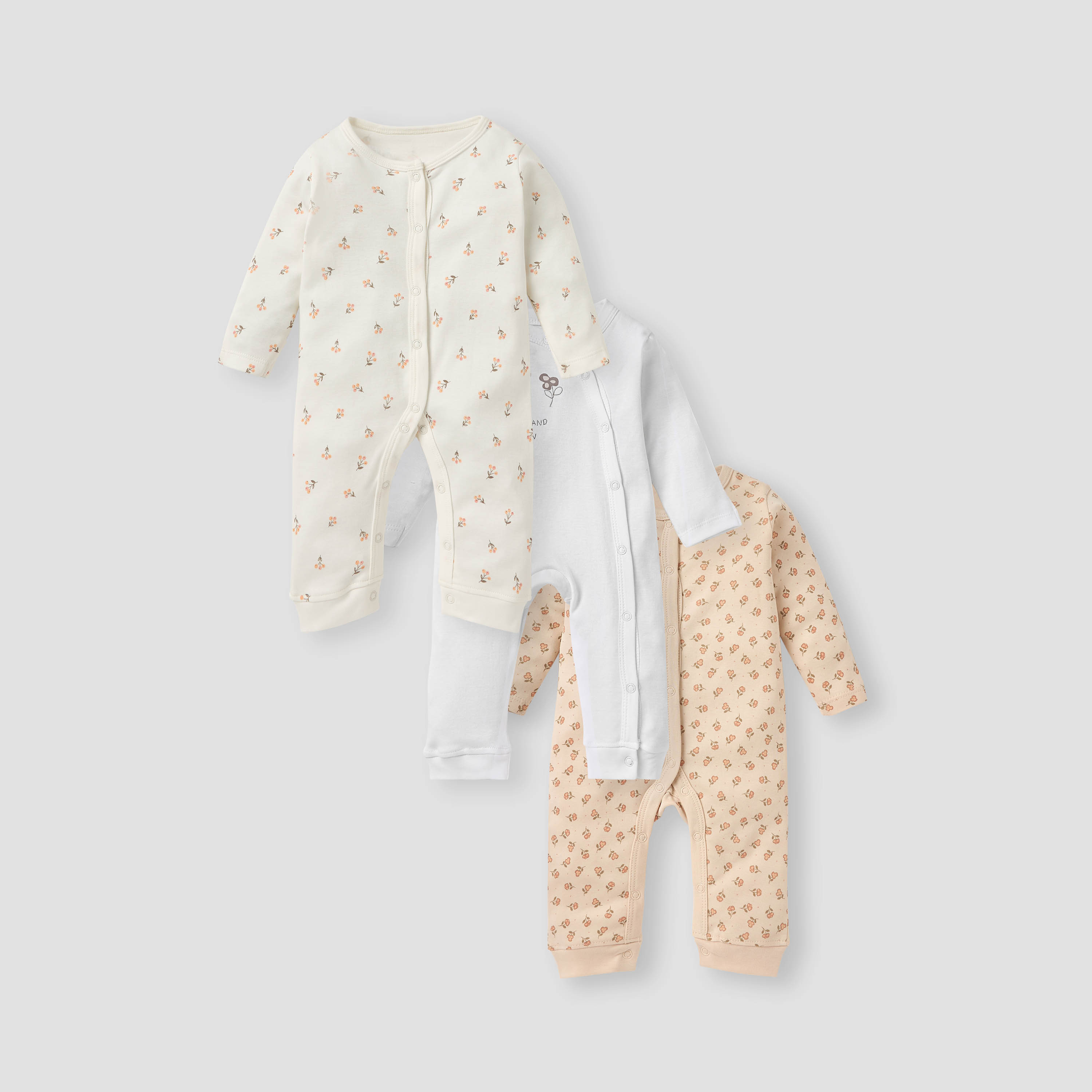 Juniors Floral Print Sleepsuit with Long Sleeves and Button Closure - Set of 3-baby-girls-clothing-nightwear-sleepsuits-image-1