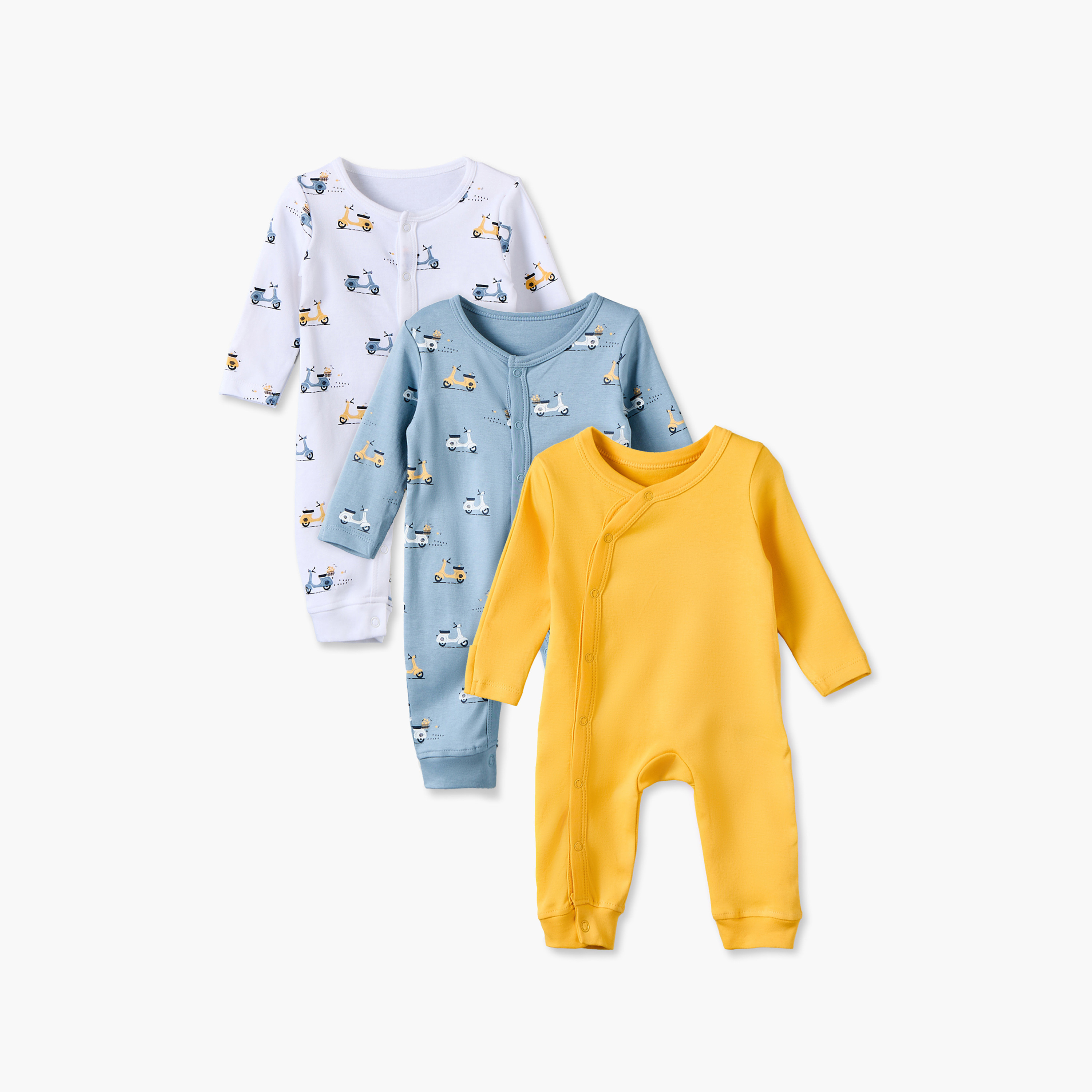Pack of 3 Juniors Cotton Crew Neck Long Sleeves Sleepsuit with Scooter Print-baby-girls-clothing-nightwear-sleepsuits-image-1