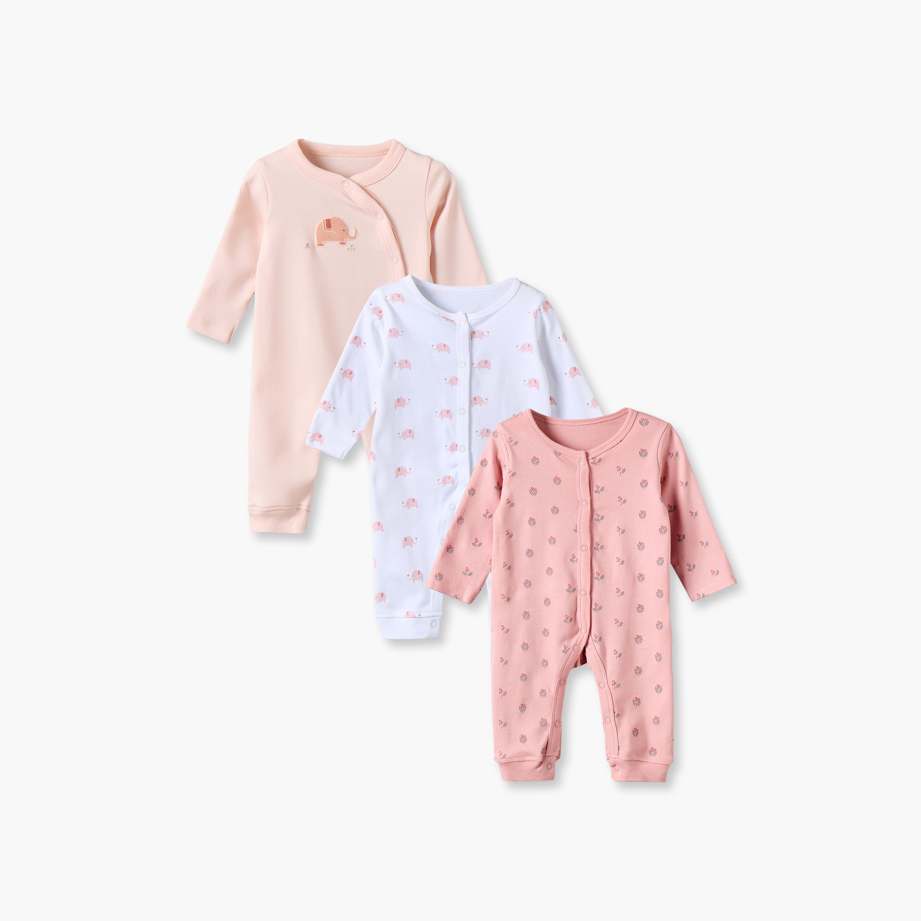 بدلات نوم قطن بأكمام طويلة وياقة ضيقة وطبعات متنوعة من جونيورز - عبوة 3 قطع-baby-girls-clothing-nightwear-sleepsuits-image-1