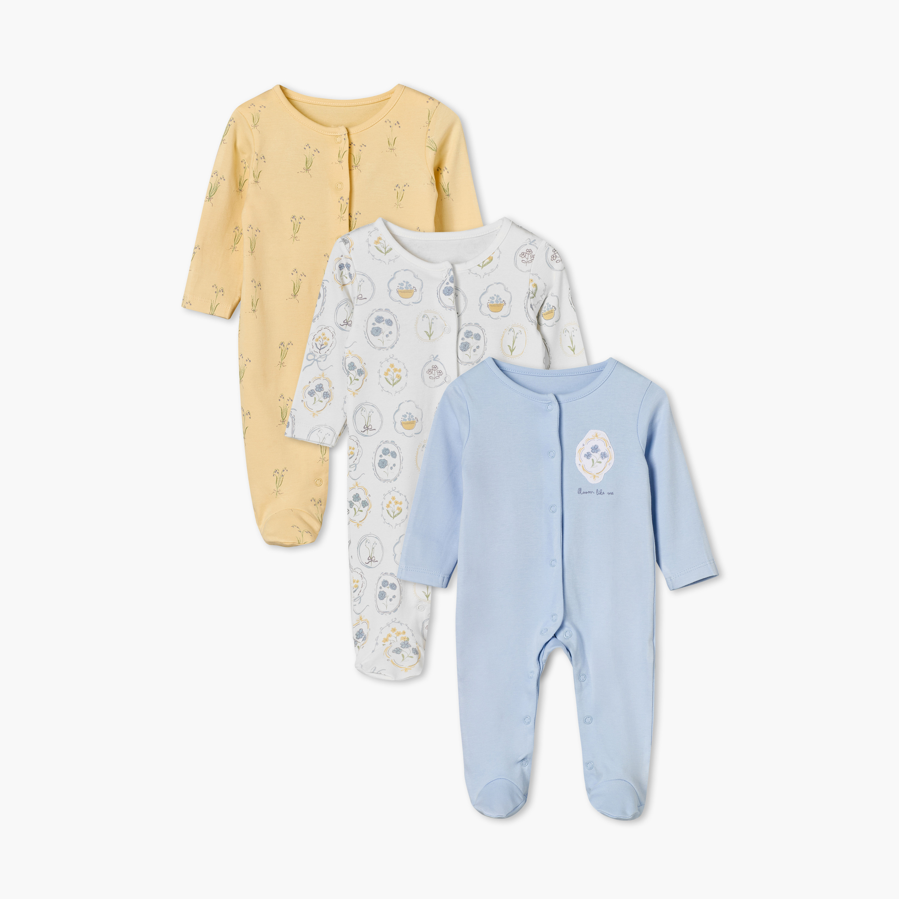 Pack of 3 Juniors Crew Round Neck Long Sleeves Sleepsuit with Floral Print-baby-boys-clothing-nightwear-sleepsuits-image-1