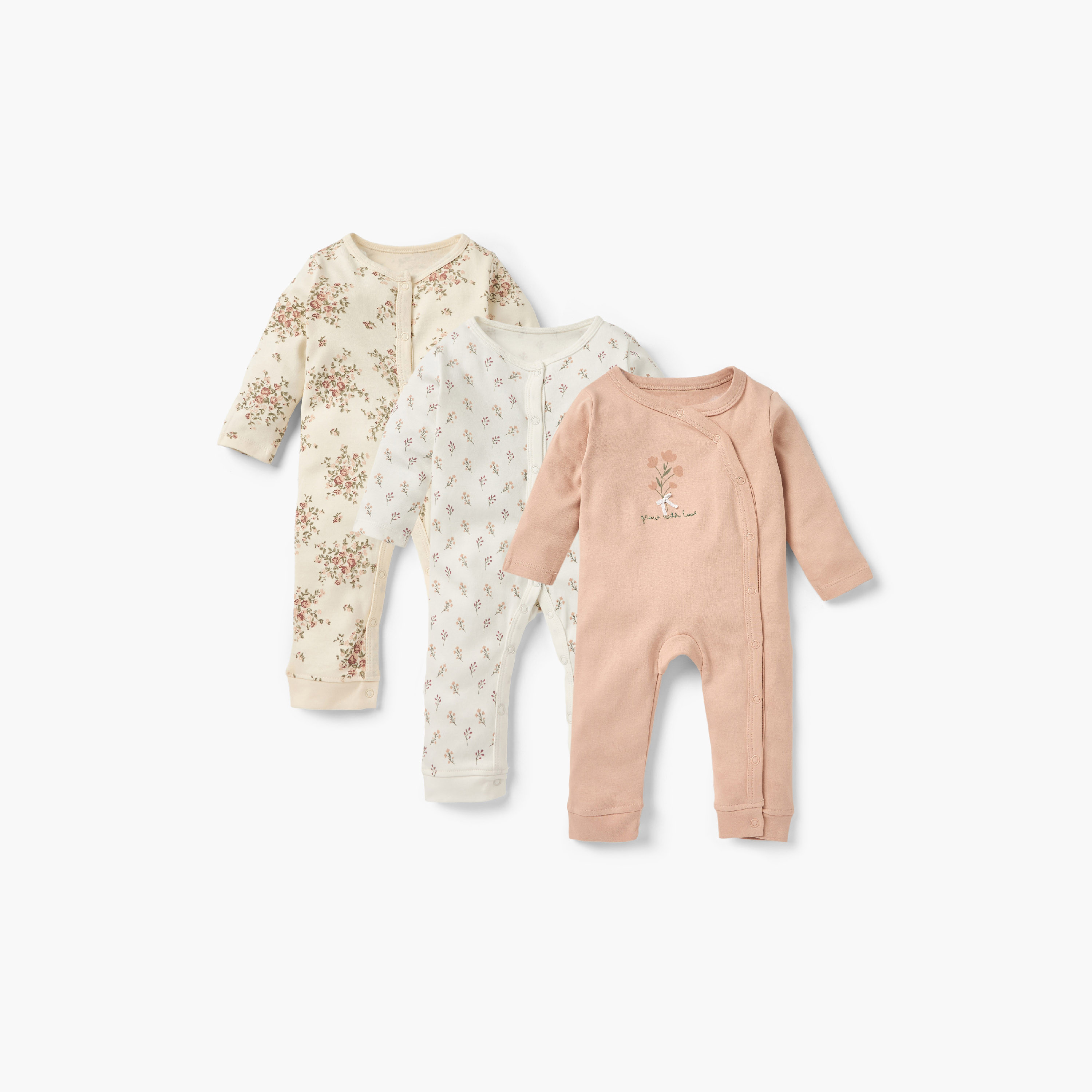 Juniors Floral Print Sleepsuit with Long Sleeves and Button Closure - Set of 3-baby-girls-clothing-nightwear-sleepsuits-image-1