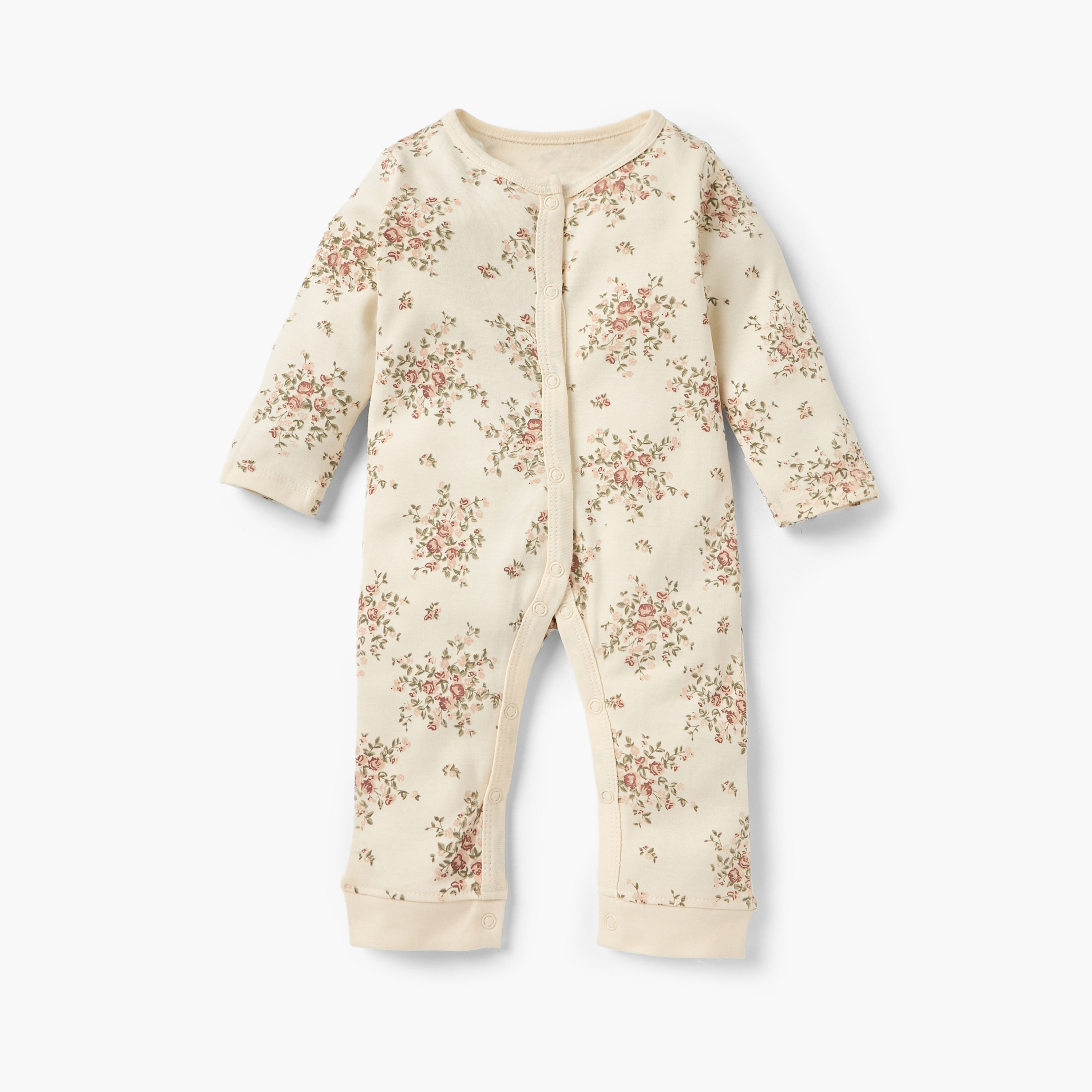 Juniors Floral Print Sleepsuit with Long Sleeves and Button Closure - Set of 3-baby-girls-clothing-nightwear-sleepsuits-image-2