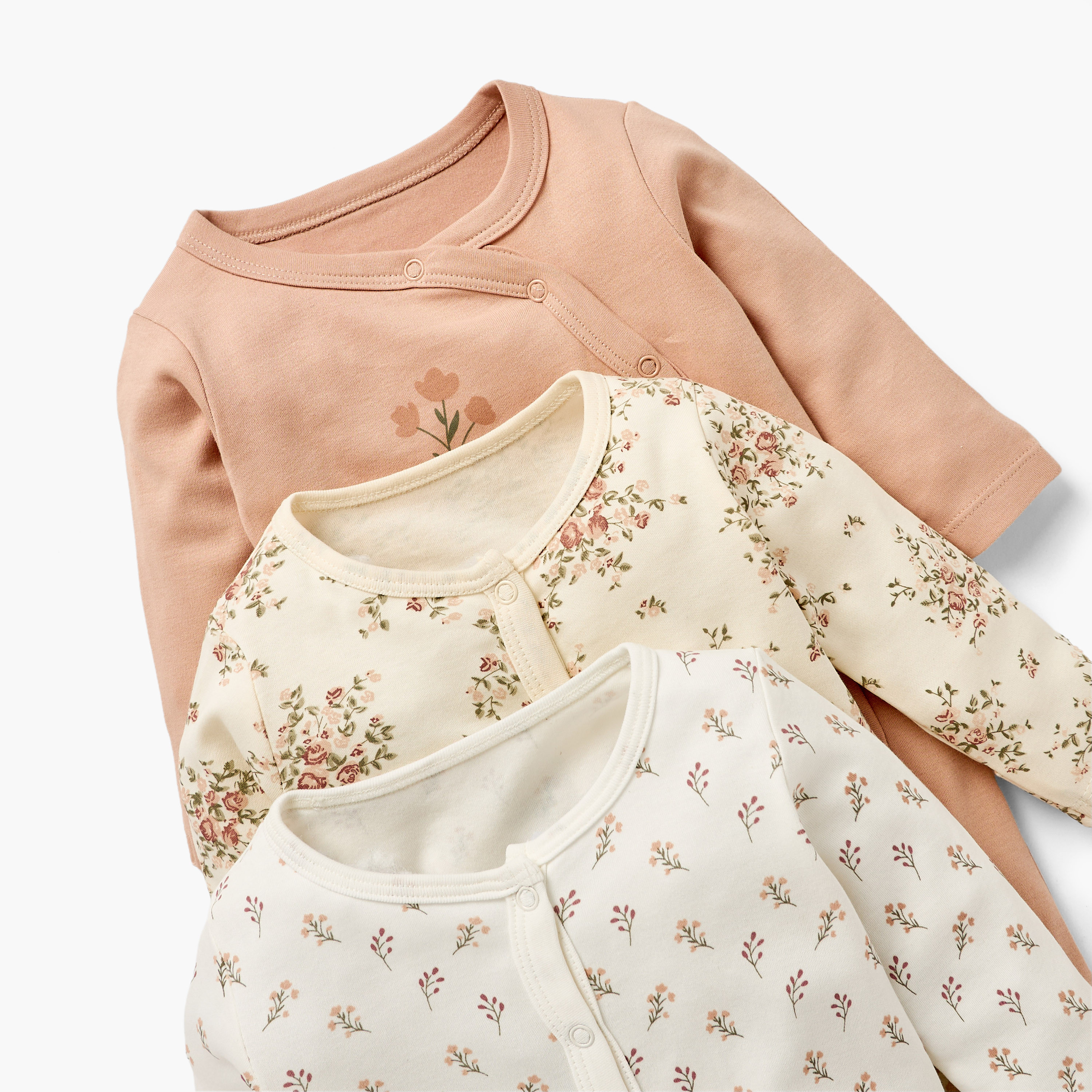 Juniors Floral Print Sleepsuit with Long Sleeves and Button Closure - Set of 3-baby-girls-clothing-nightwear-sleepsuits-image-5