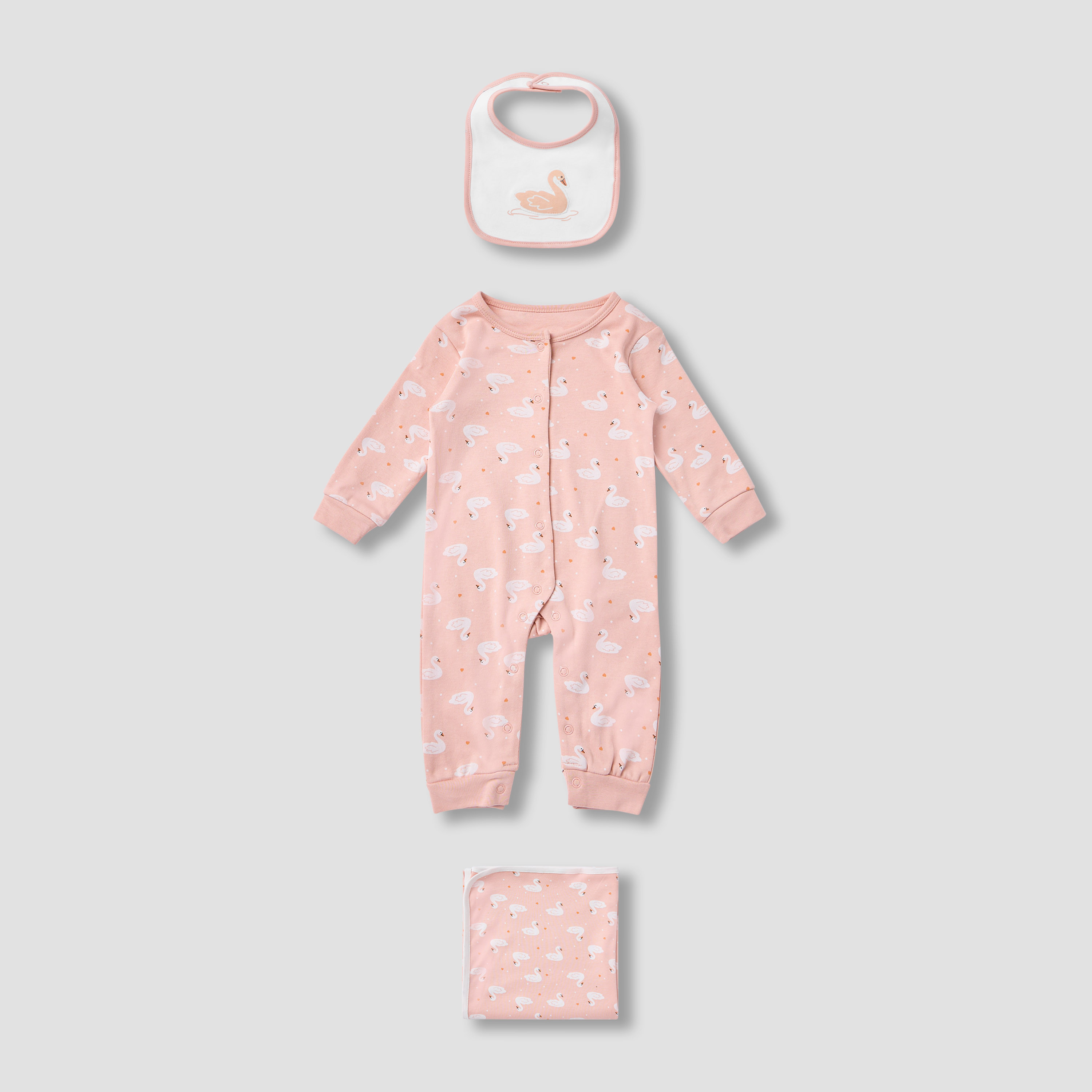 Juniors Swan Print Sleepsuit with Bib and Blanket-baby-girls-clothing-setsandcoords-image-1