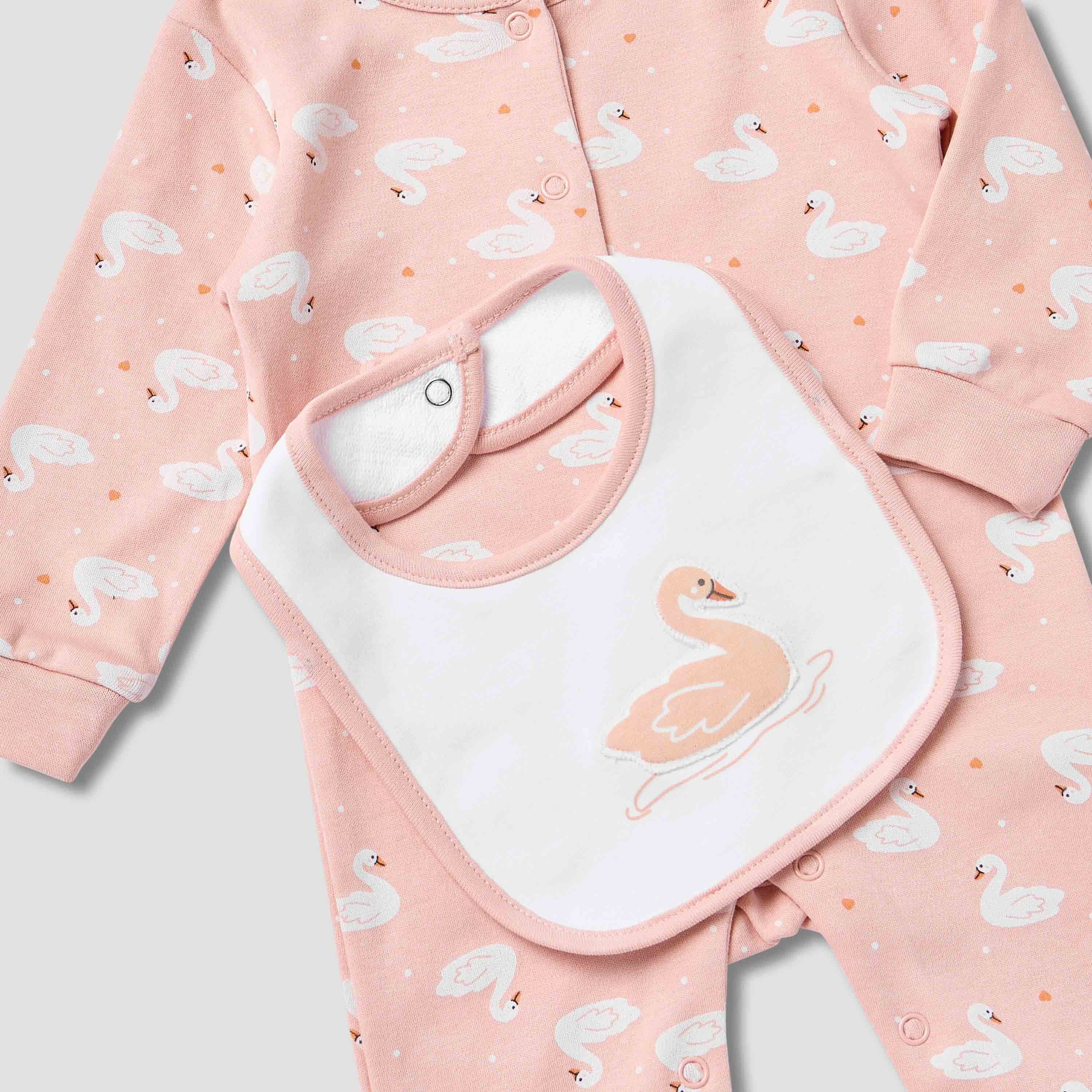 Juniors Swan Print Sleepsuit with Bib and Blanket-baby-girls-clothing-setsandcoords-image-5