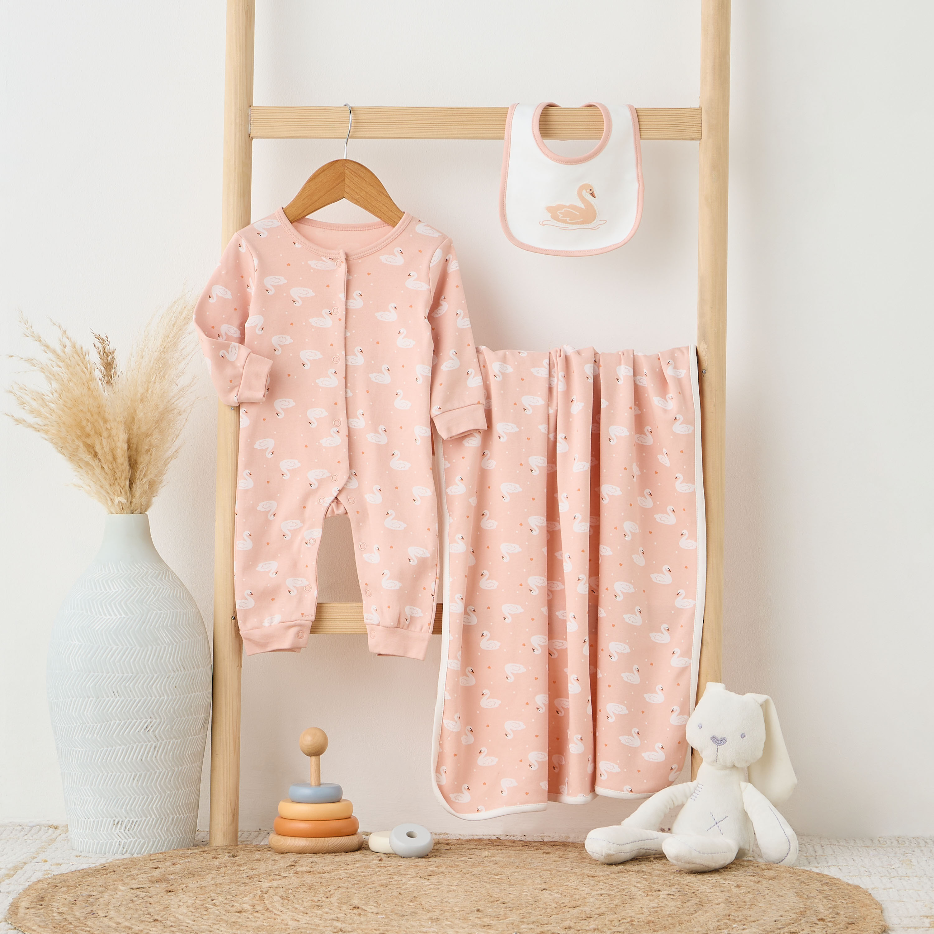 Juniors Swan Print Sleepsuit with Bib and Blanket-baby-girls-clothing-setsandcoords-image-8
