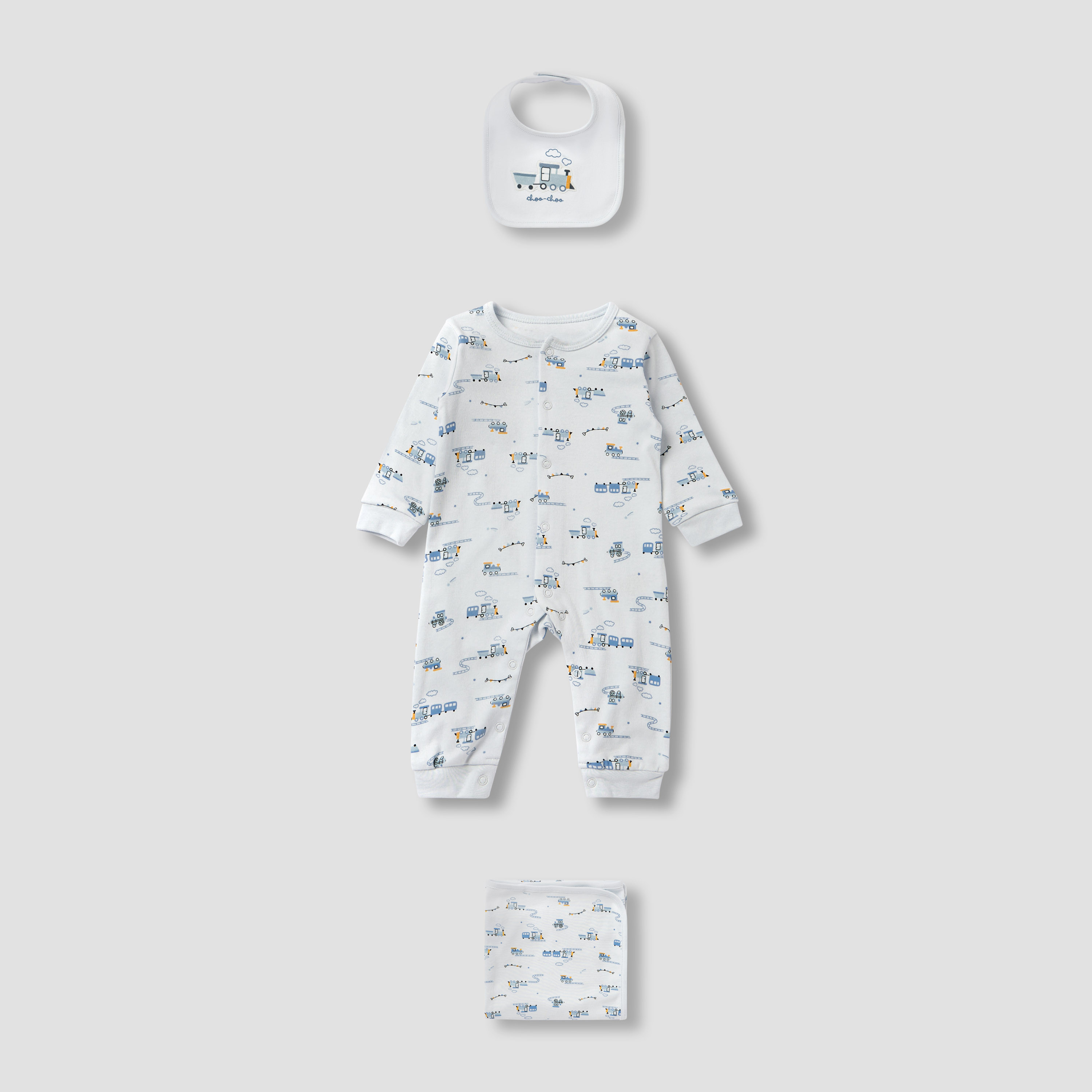 Juniors Train Print Sleepsuit with Bib and Blanket-baby-boys-clothing-setsandcoords-image-1