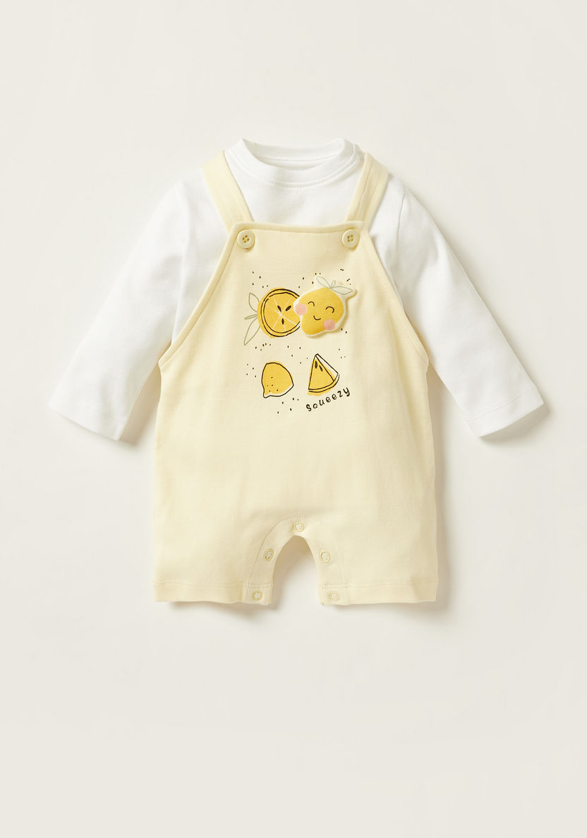Juniors Solid Crew Neck T-shirt and Fruit Accented Dungaree Set-Rompers%2C Dungarees and Jumpsuits-image-0