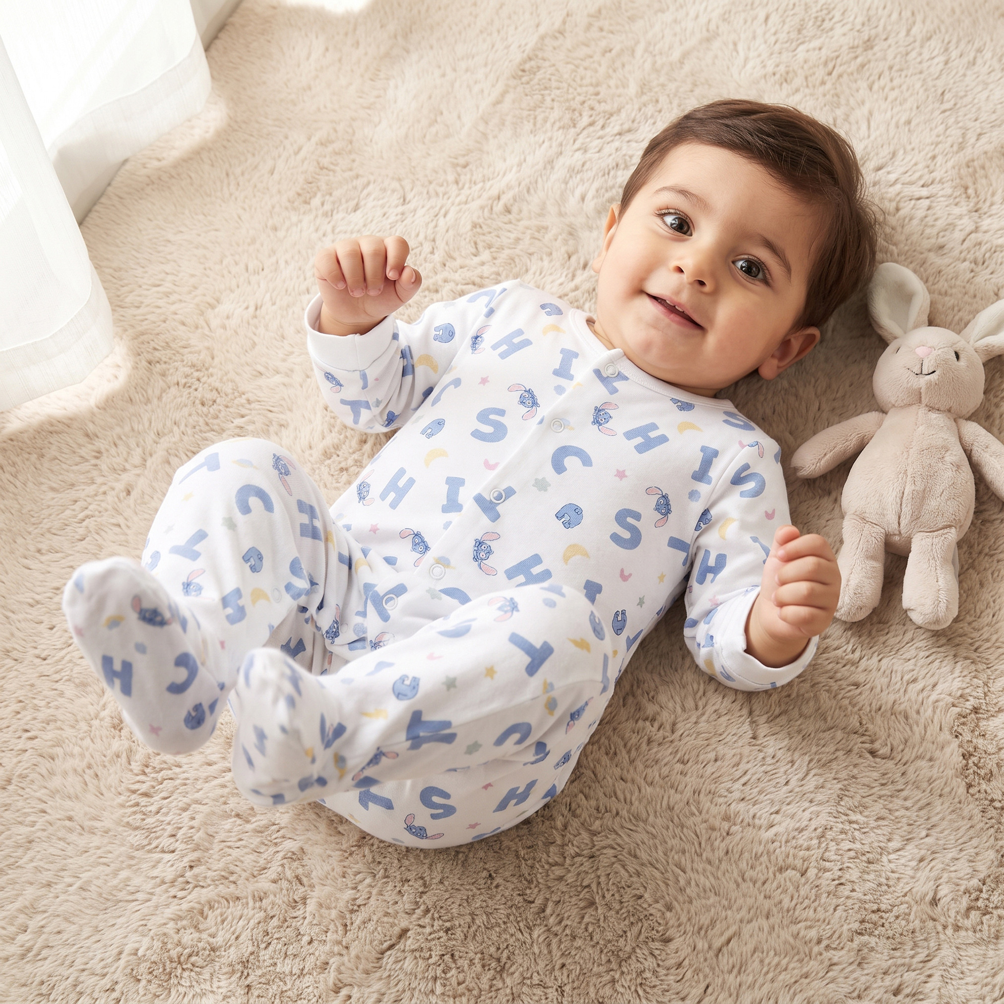 بدلة نوم قطني بياقة مستديرة وأكمام طويلة بطبعة ستيتش من ديزني-baby-boys-clothing-nightwear-sleepsuits-image-1