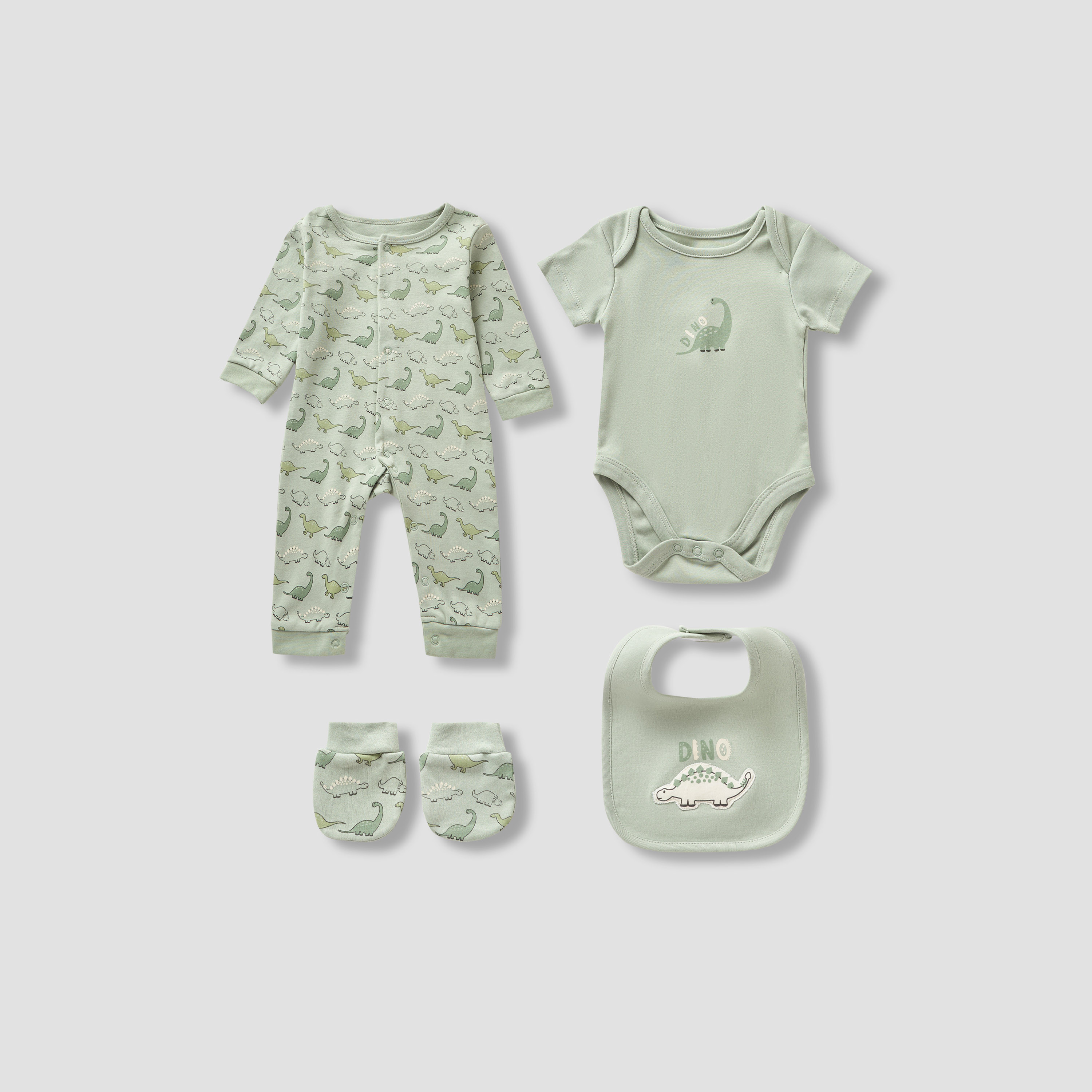 Juniors 4-Piece Boys Set - Cotton - Sleepsuit, Bodysuit, Bib, Mittens - Dinosaur Print-baby-boys-clothing-setsandcoords-image-1
