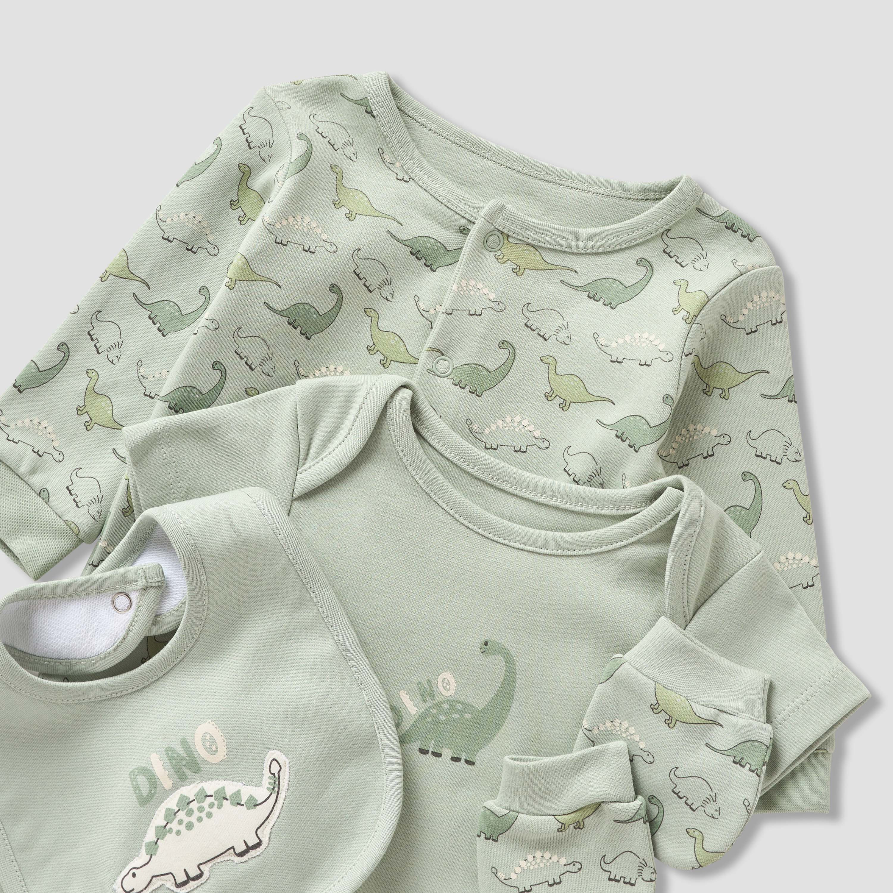 Juniors 4-Piece Boys Set - Cotton - Sleepsuit, Bodysuit, Bib, Mittens - Dinosaur Print-baby-boys-clothing-setsandcoords-image-6