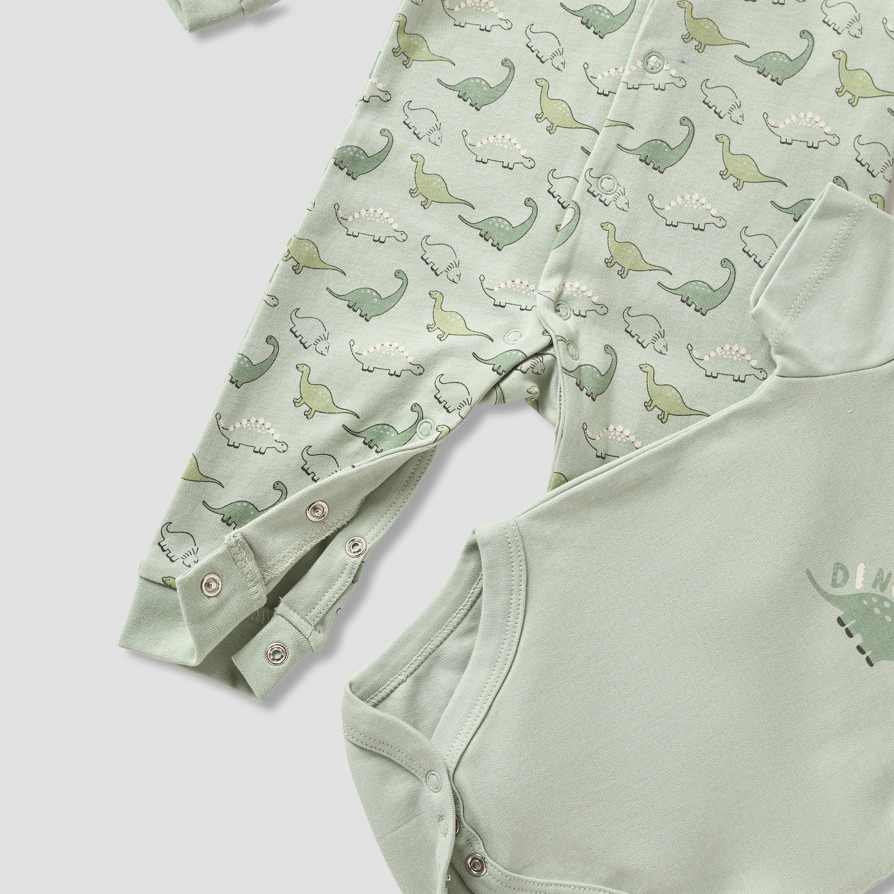 Juniors 4-Piece Boys Set - Cotton - Sleepsuit, Bodysuit, Bib, Mittens - Dinosaur Print-baby-boys-clothing-setsandcoords-image-7
