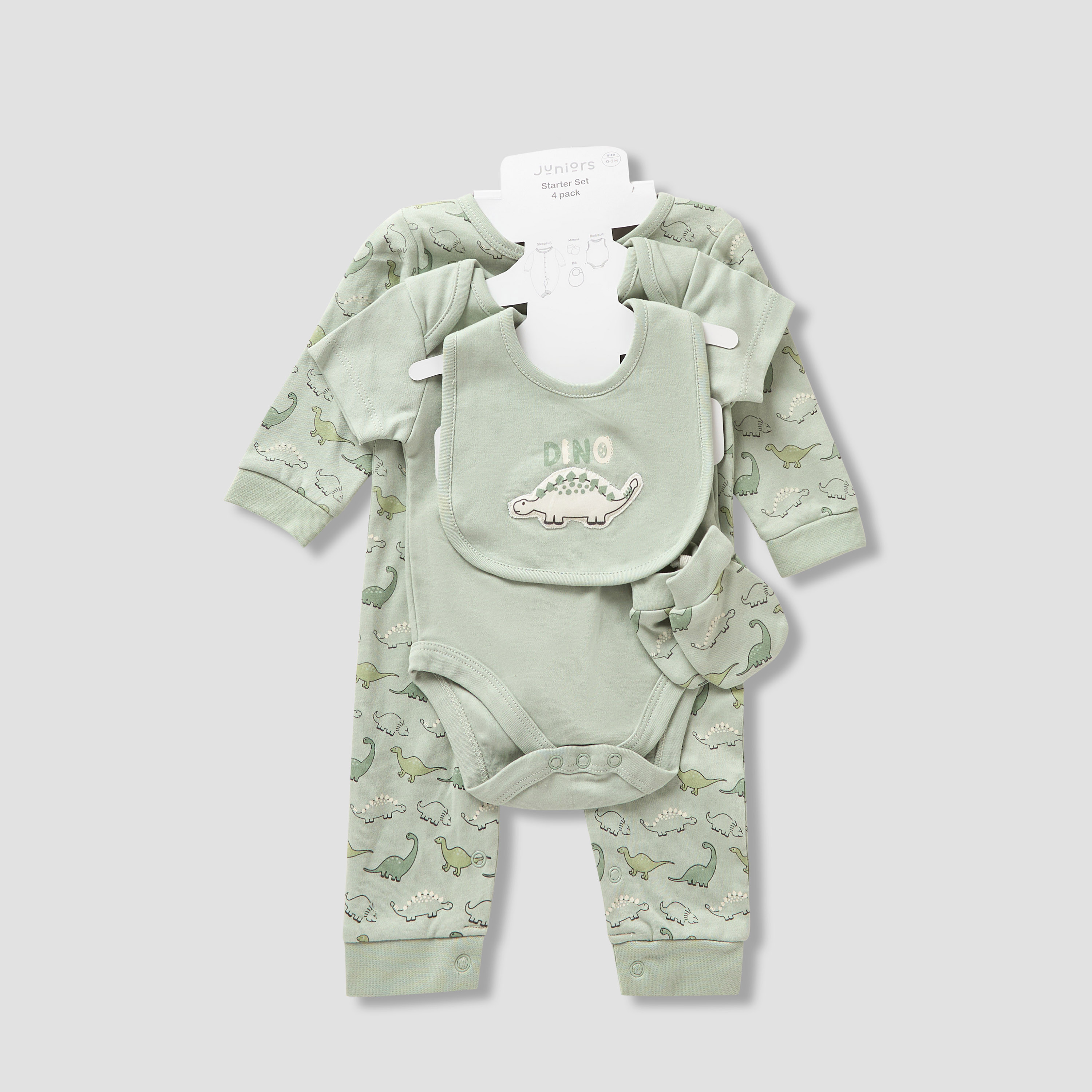 Juniors 4-Piece Boys Set - Cotton - Sleepsuit, Bodysuit, Bib, Mittens - Dinosaur Print-baby-boys-clothing-setsandcoords-image-8