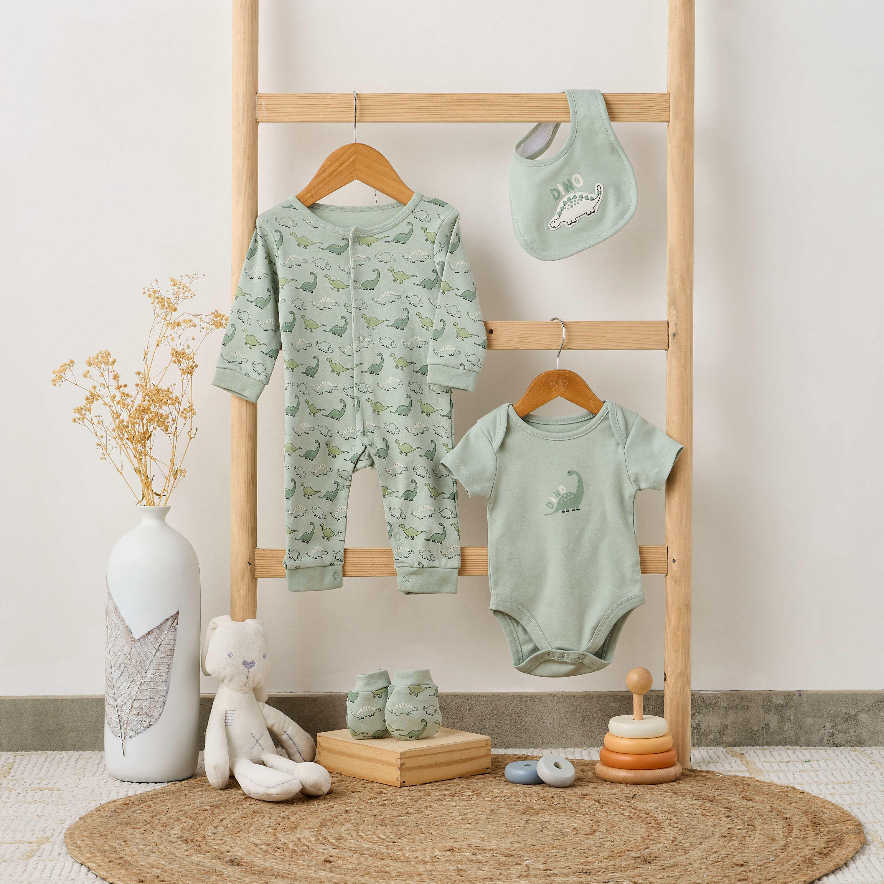 Juniors 4-Piece Boys Set - Cotton - Sleepsuit, Bodysuit, Bib, Mittens - Dinosaur Print-baby-boys-clothing-setsandcoords-image-9