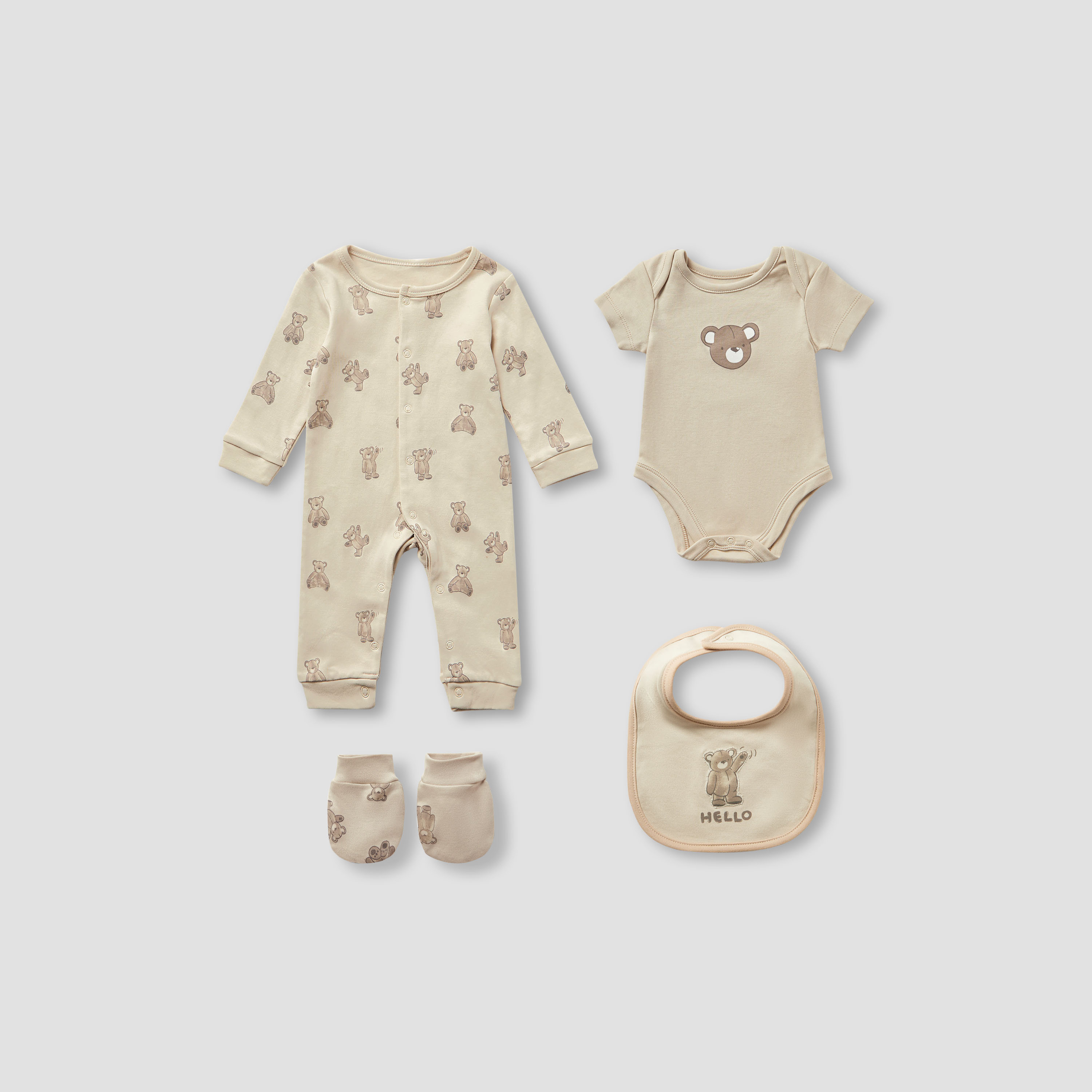 Juniors 4-Piece Boys Gift Set - Cotton - Sleepsuit, Bodysuit, Bib, Mittens - Teddy Bear Print-baby-boys-clothing-setsandcoords-image-1
