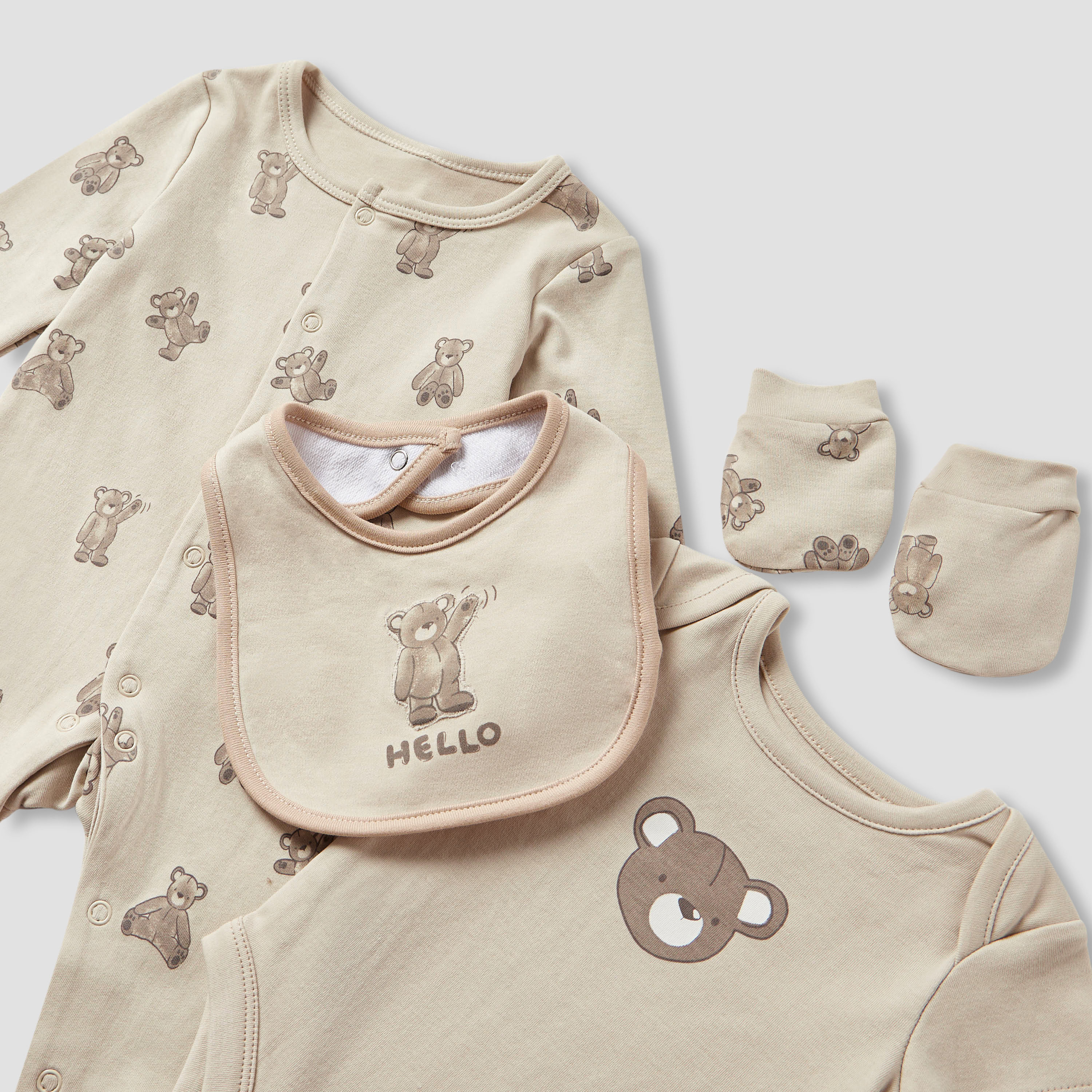 Juniors 4-Piece Boys Gift Set - Cotton - Sleepsuit, Bodysuit, Bib, Mittens - Teddy Bear Print-baby-boys-clothing-setsandcoords-image-6