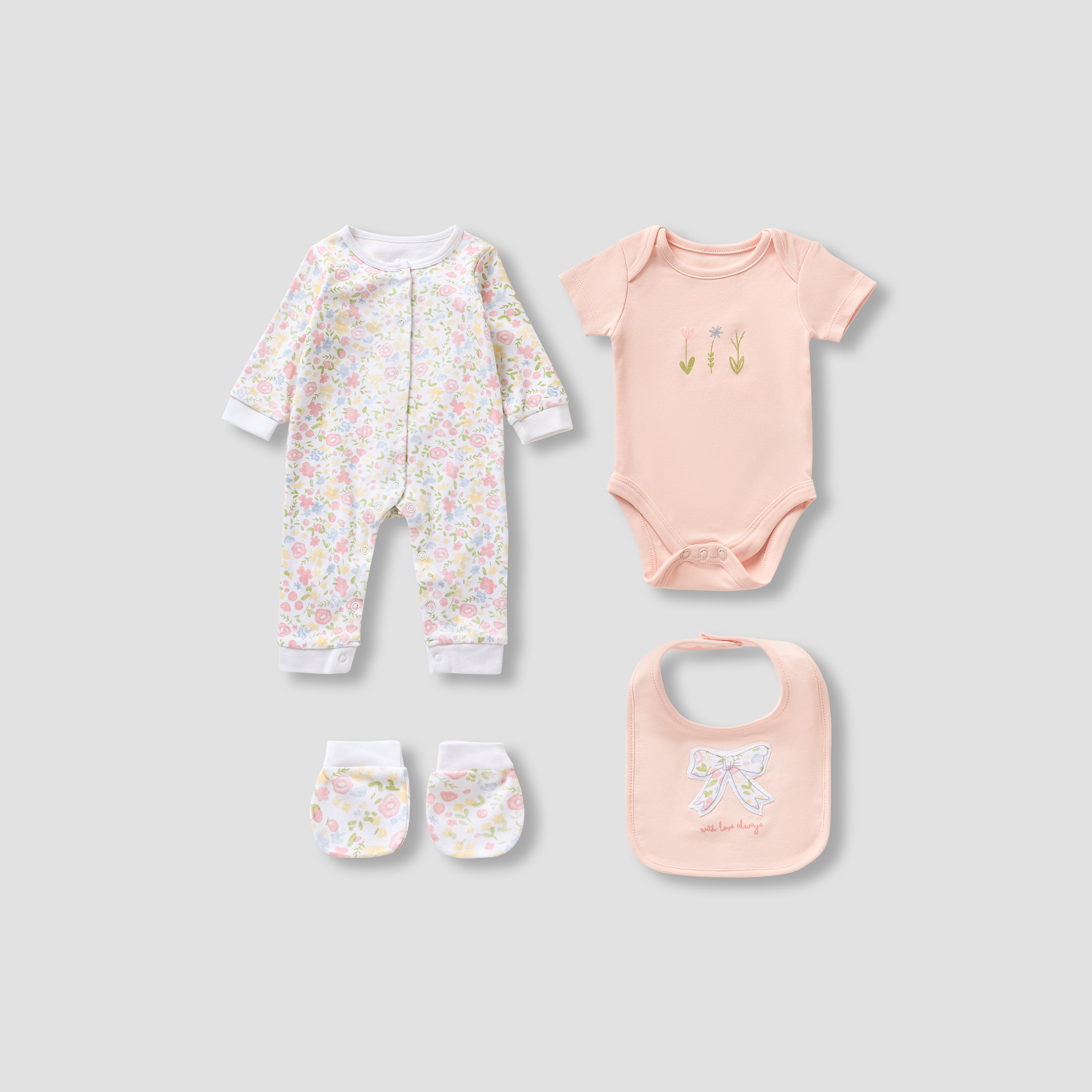 Juniors 4-Piece Girls Set - Cotton - Sleepsuit, Bodysuit, Bib, Mittens - Botanical Print-baby-girls-clothing-setsandcoords-image-1