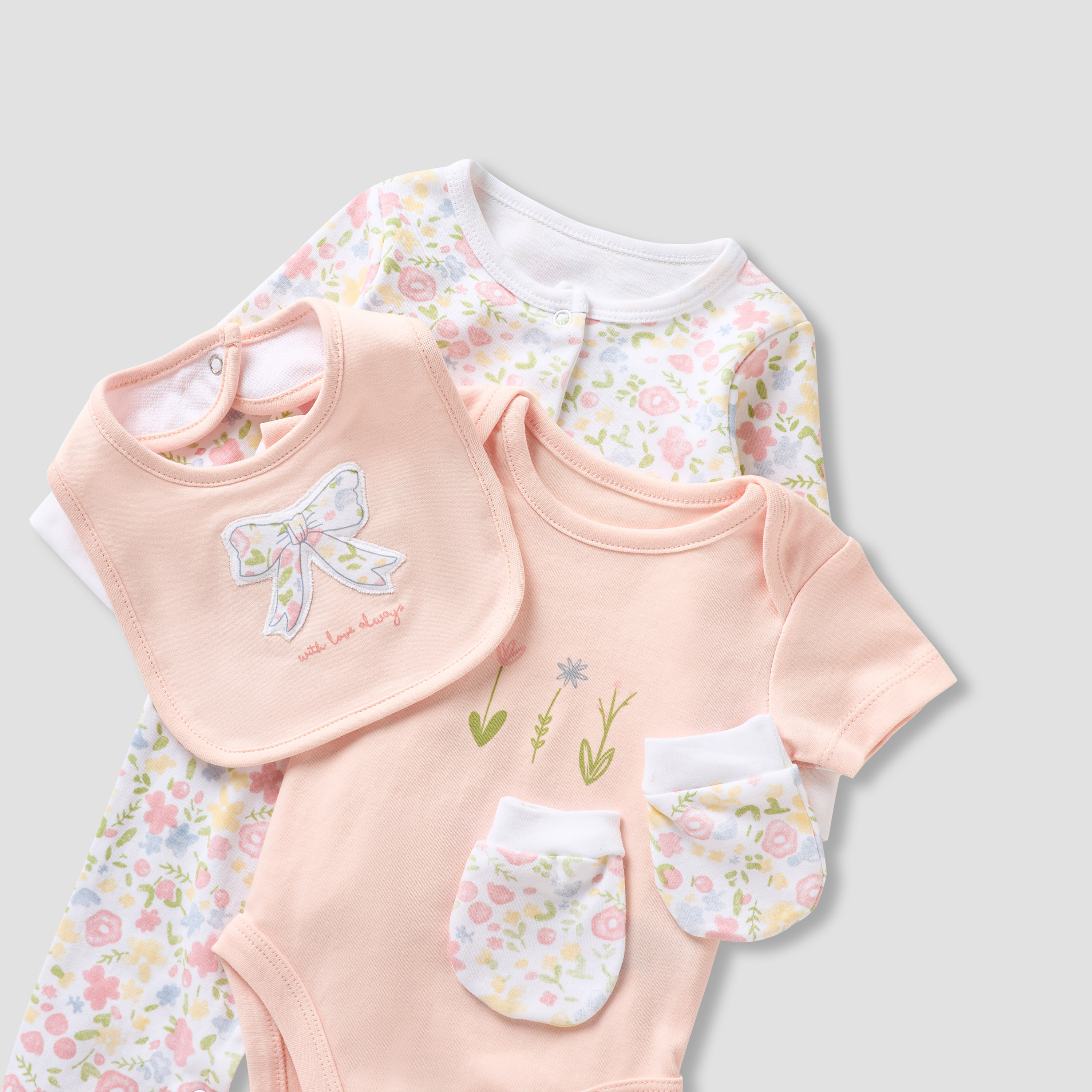 Juniors 4-Piece Girls Set - Cotton - Sleepsuit, Bodysuit, Bib, Mittens - Botanical Print-baby-girls-clothing-setsandcoords-image-6