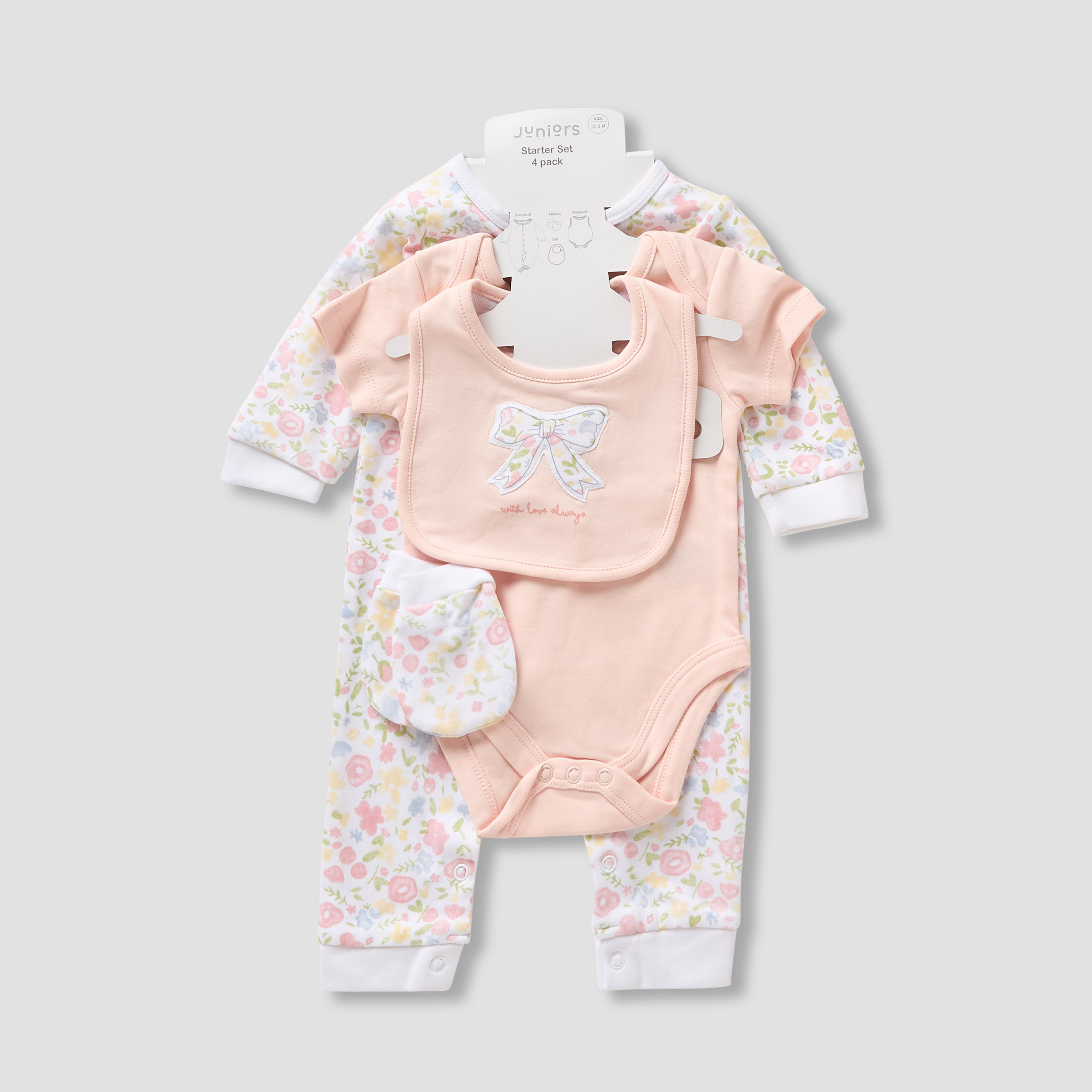 Juniors 4-Piece Girls Set - Cotton - Sleepsuit, Bodysuit, Bib, Mittens - Botanical Print-baby-girls-clothing-setsandcoords-image-8