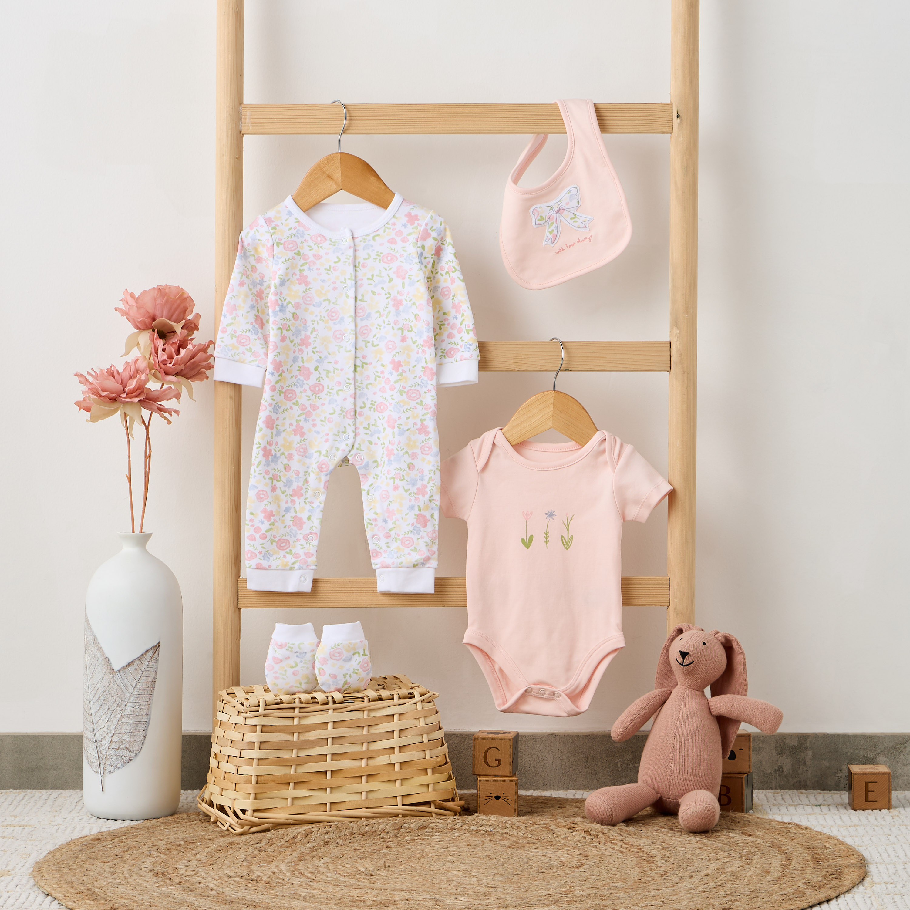 Juniors 4-Piece Girls Set - Cotton - Sleepsuit, Bodysuit, Bib, Mittens - Botanical Print-baby-girls-clothing-setsandcoords-image-9